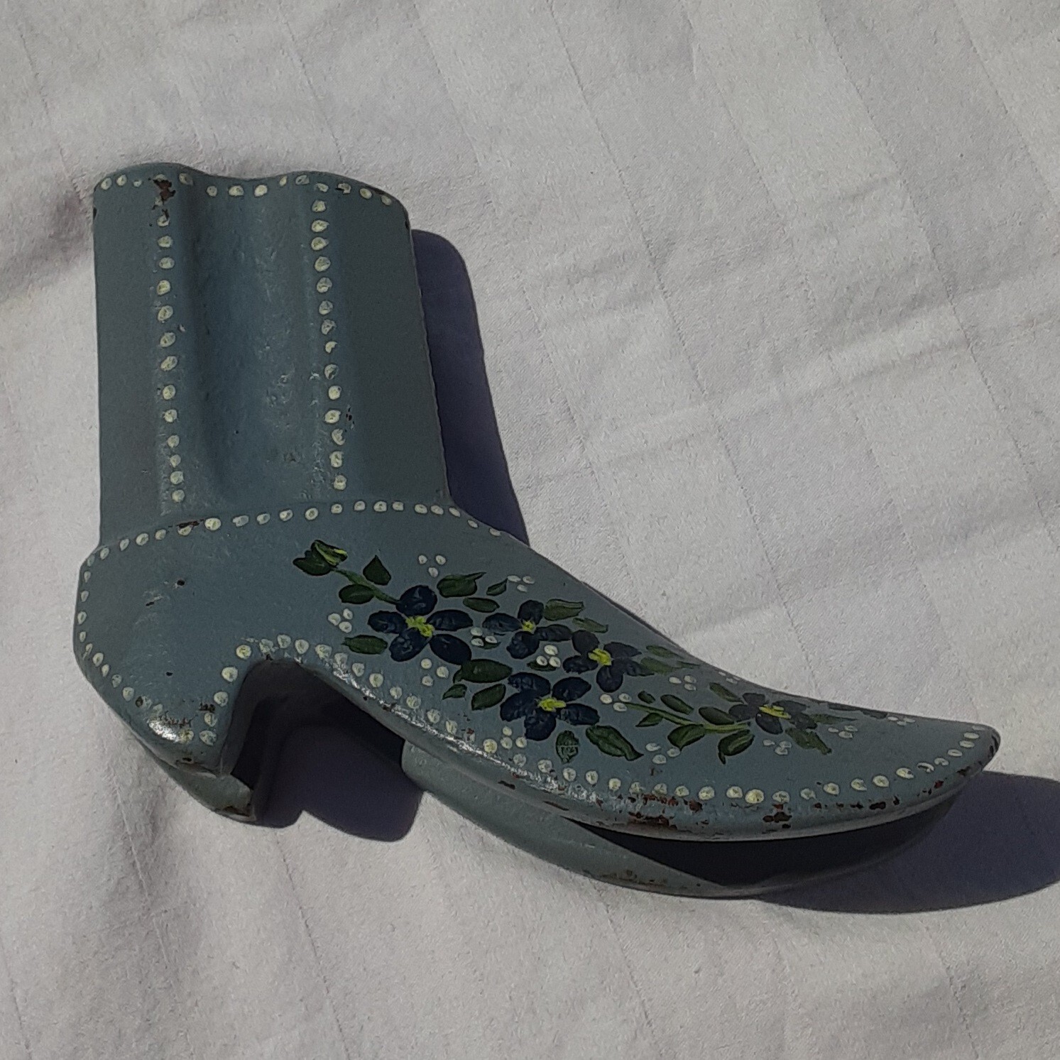 Vintage Doorstop Holder Cast Iron Boot Hand Painted Gray Blue Flowers