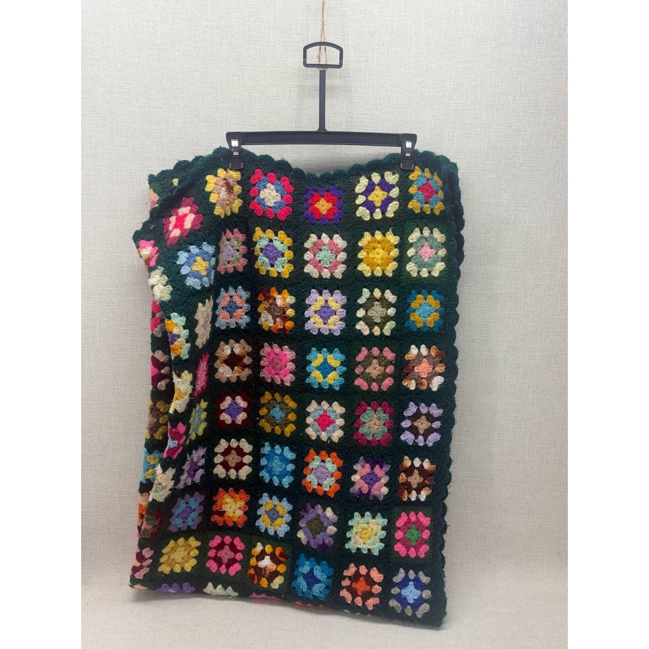 Vintage Handmade Crochet Granny Square Blanket Afghan Multi-Color Green 62×46