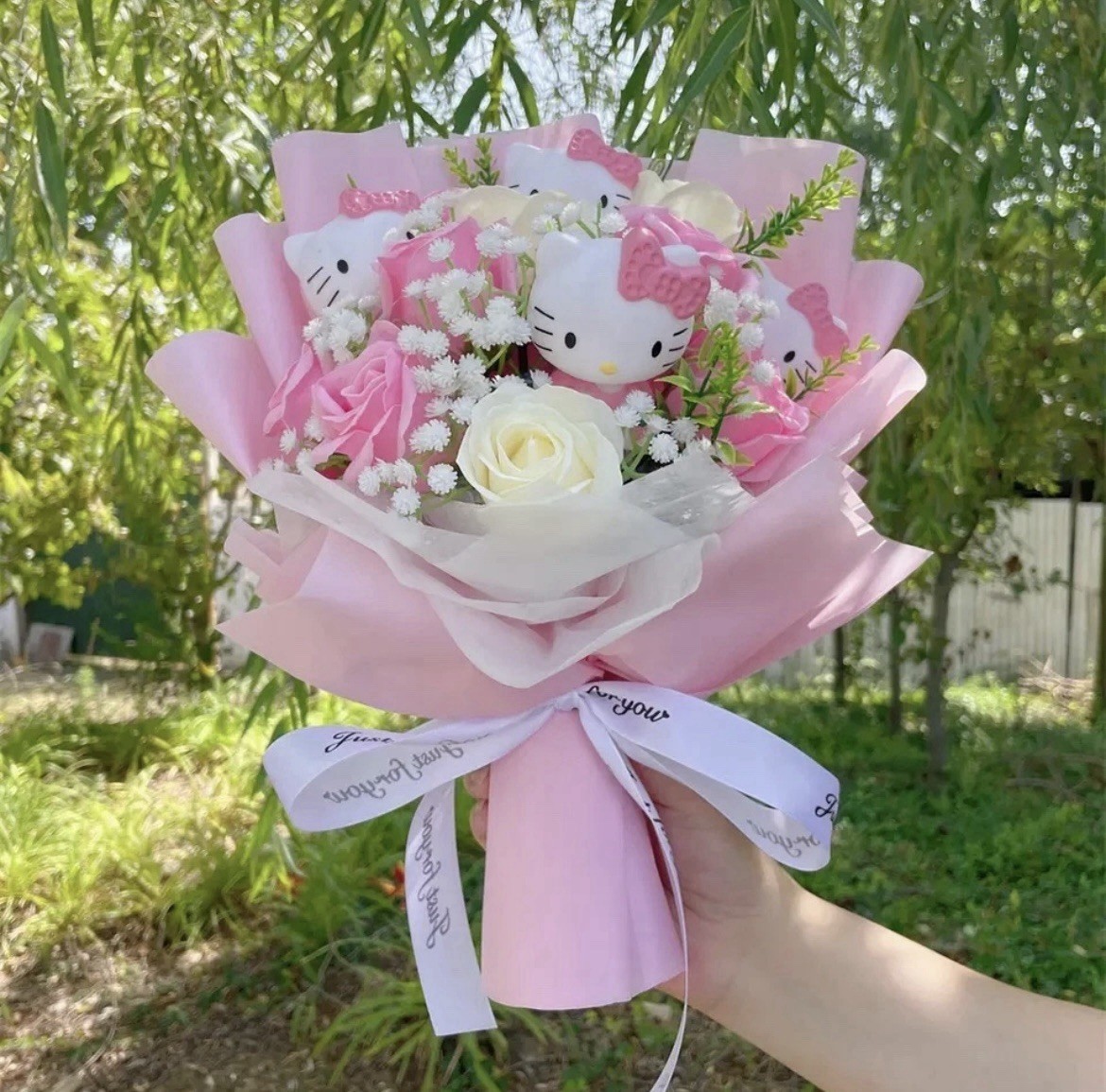 Hello Kitty Artificial Rose Bouquet Pink White Green Cartoon Theme