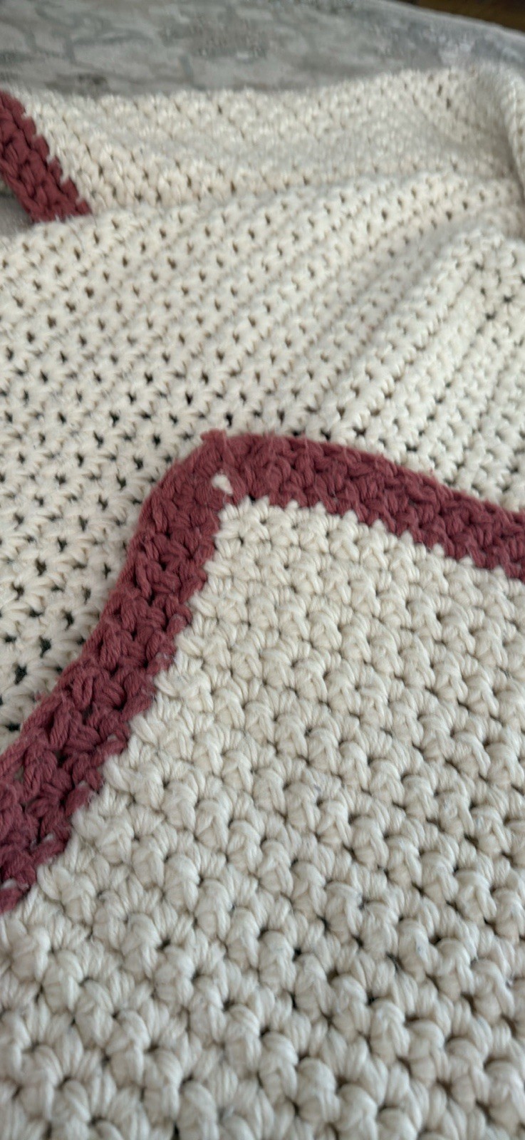 Handmade Crochet Bed Throw Blanket White with Pink Bordered Edge for Bedroom
