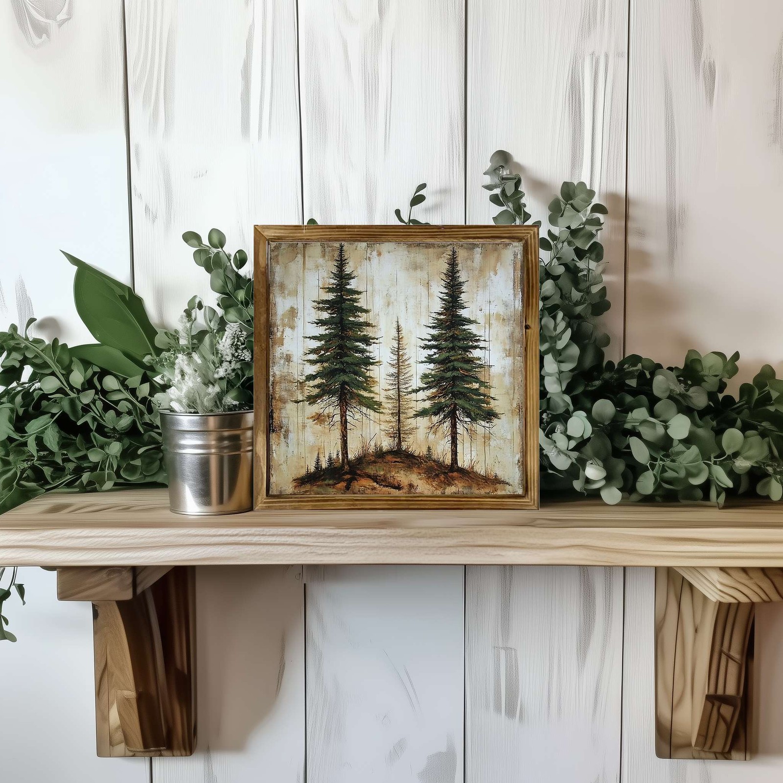 Rustic Framed Pine Tree Art Vintage Forest Landscape Farmhouse Wooden Wall Decor