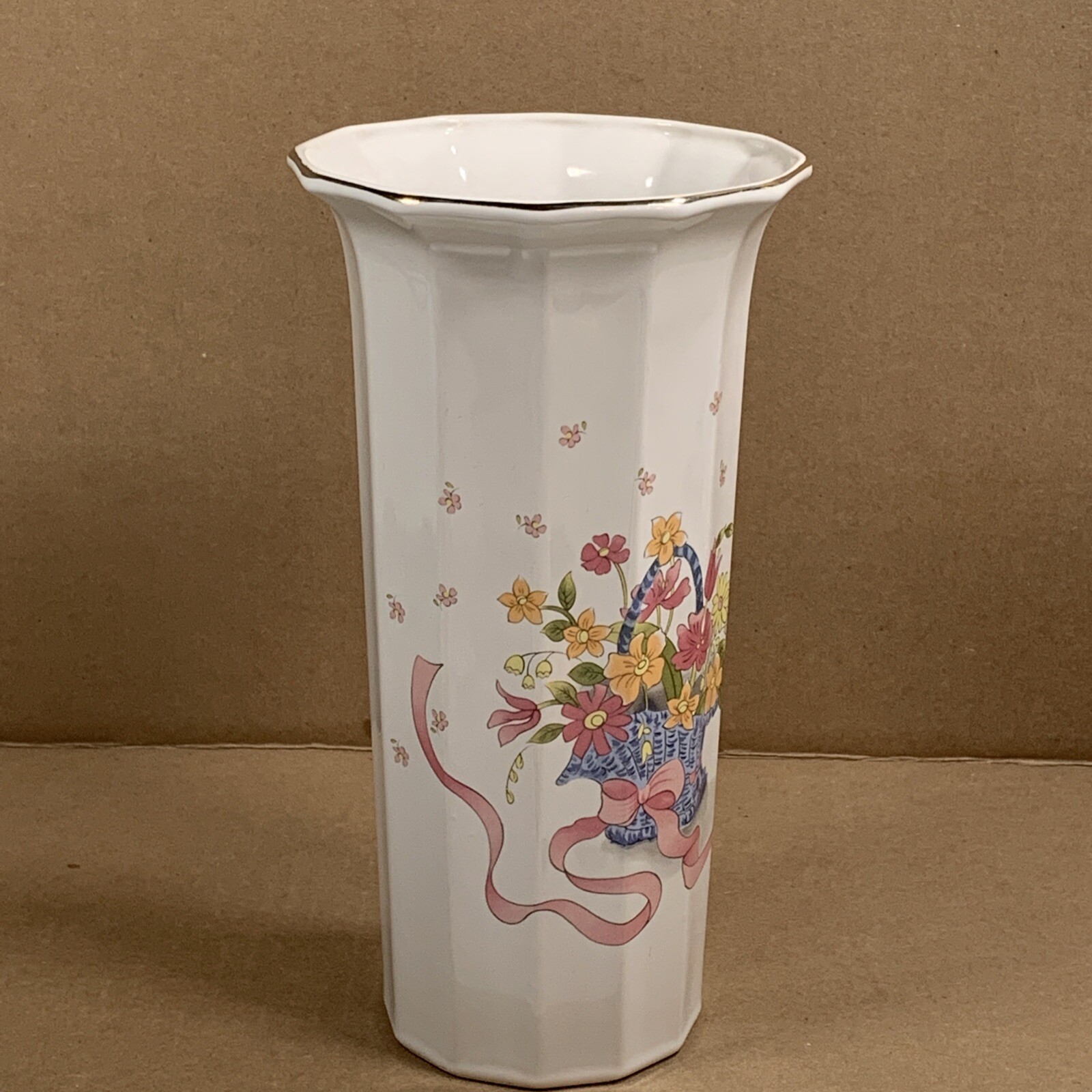 Vintage Fine China Japan Fluted Floral Vase Gold Trim White Dodecagon/12 Sides