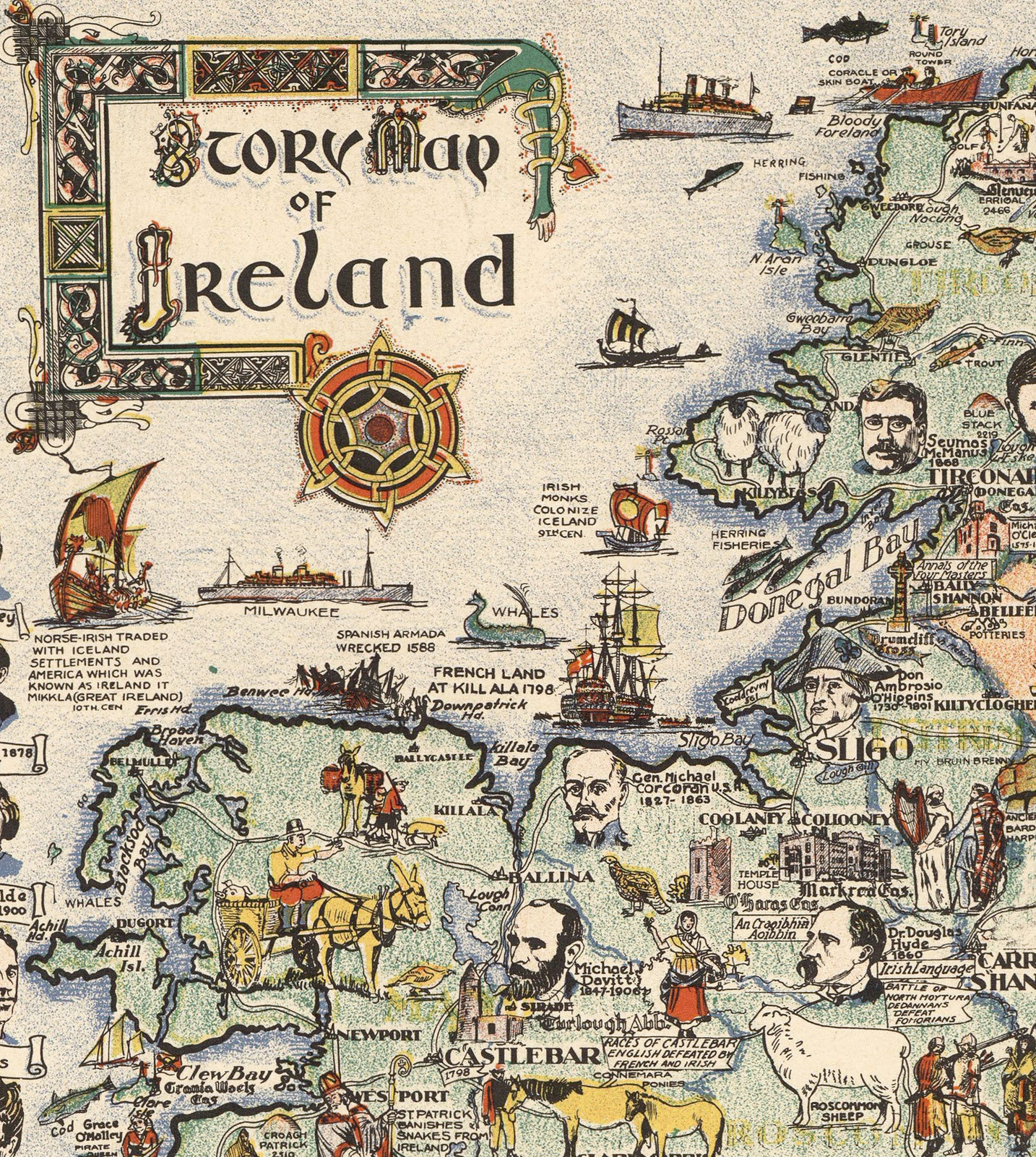 Story Map of Ireland Wall Art Print Historical Portraits Animals Poster Irish