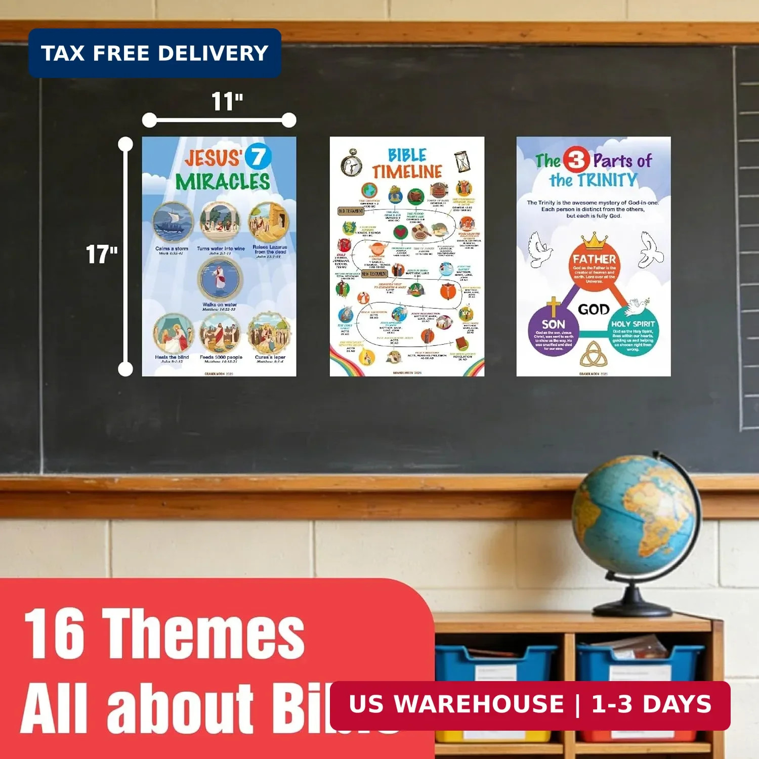 EDUMAETRIX Bible Educational Wall Posters Set, 16 Religious Posters 11×17 inches