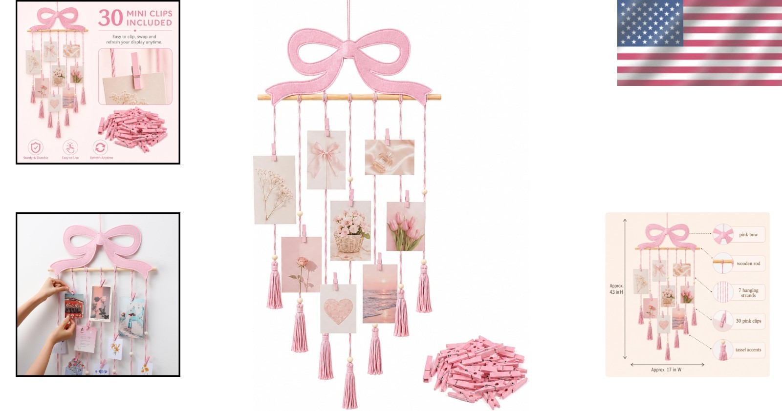 Charming Pink Bow Hanging Photo Display with 30 Clips – Perfect for Teens