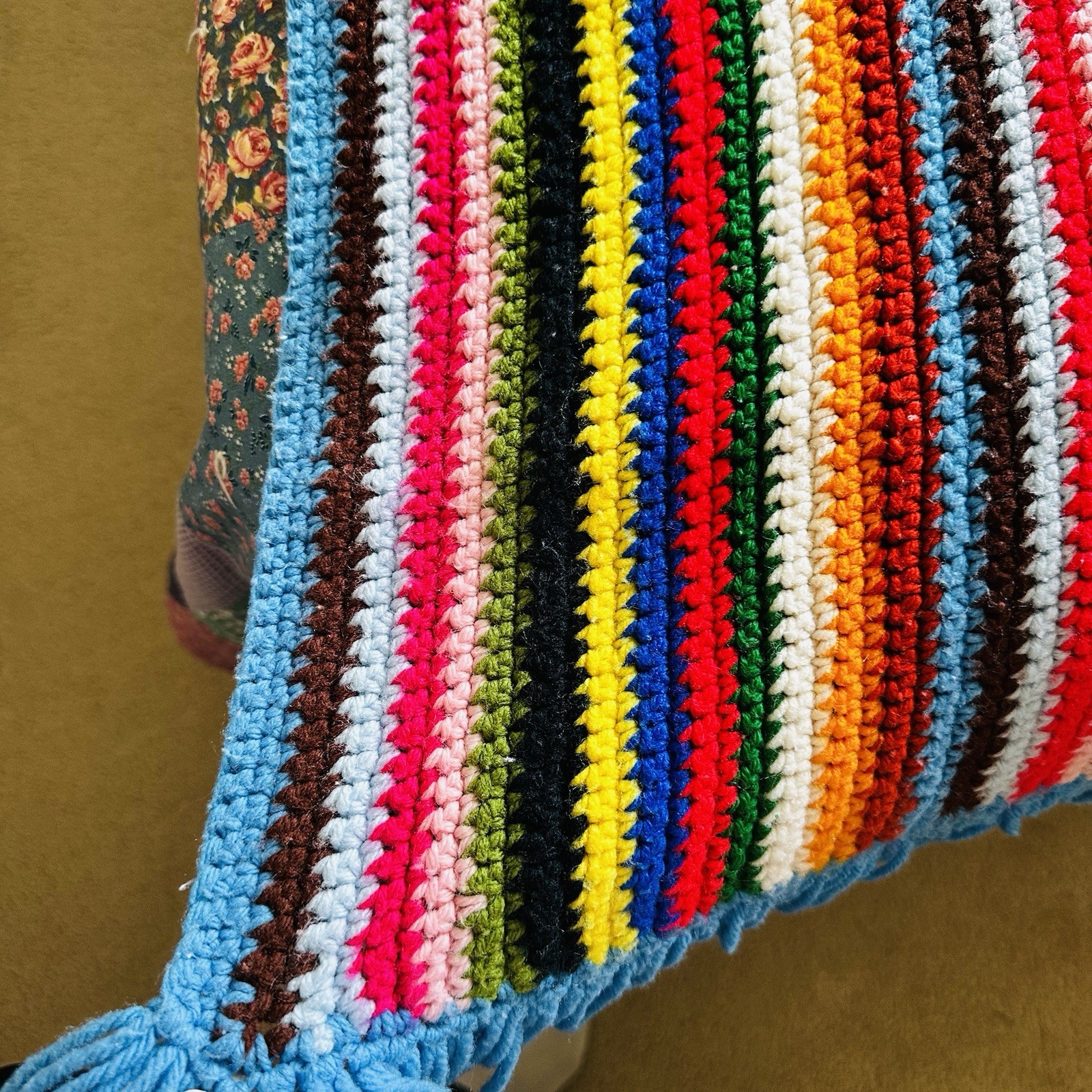 Handmade Crochet Afghan Throw Blanket Multicolor Rainbow Striped Blue Fringe