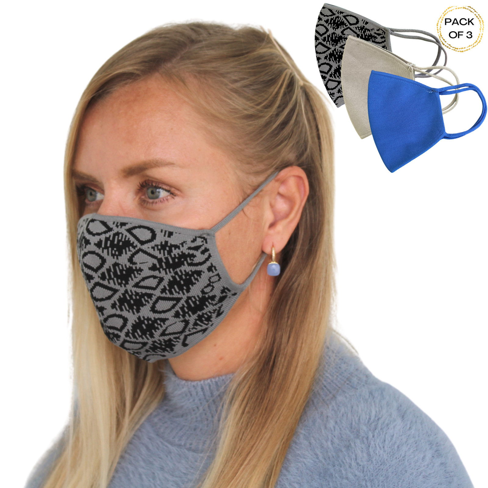 Set of 3 solid knitted Face Mask two layers reusable washable bandanas
