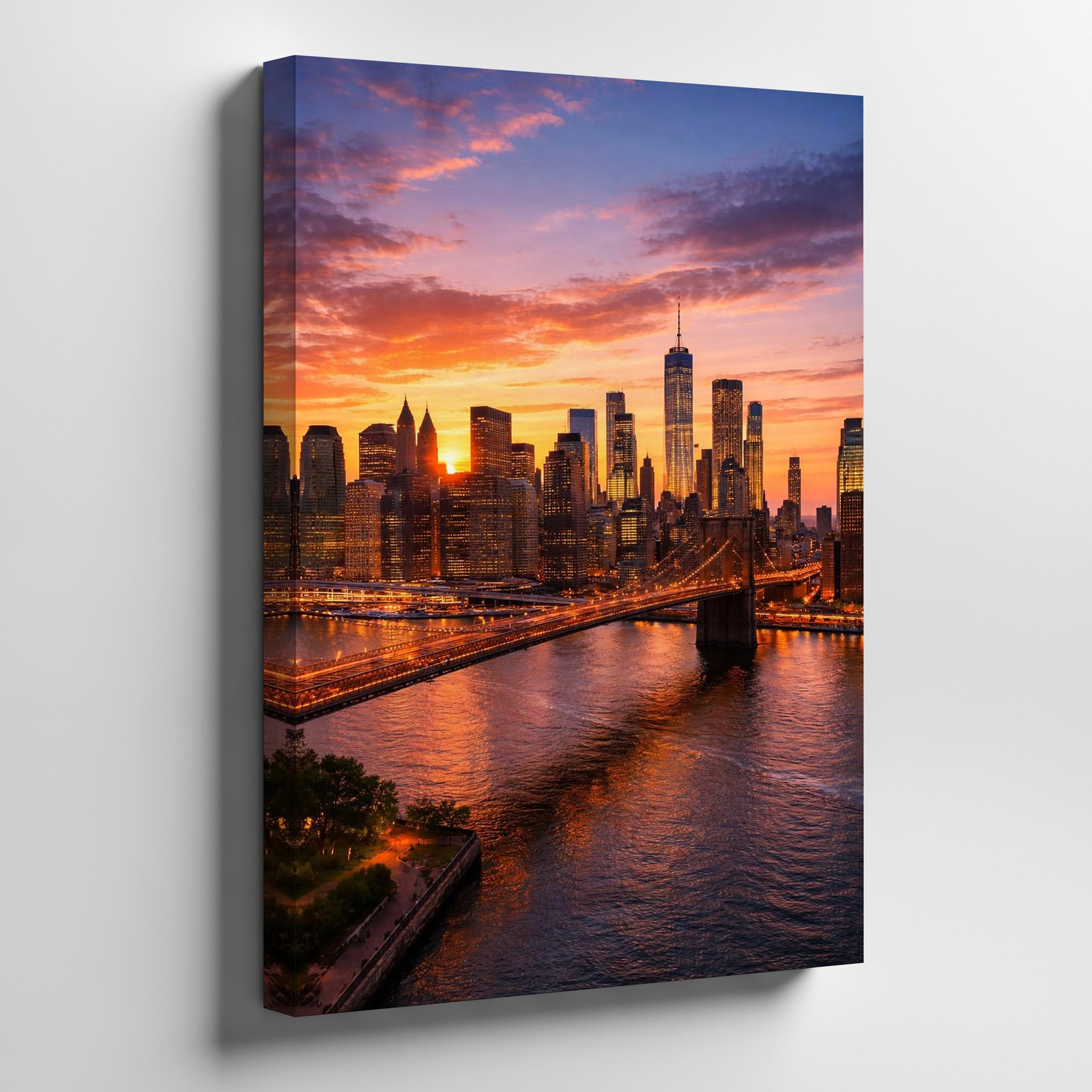 New York City Skyline Sunset Canvas Wall Art Brooklyn Bridge Urban Decor Print