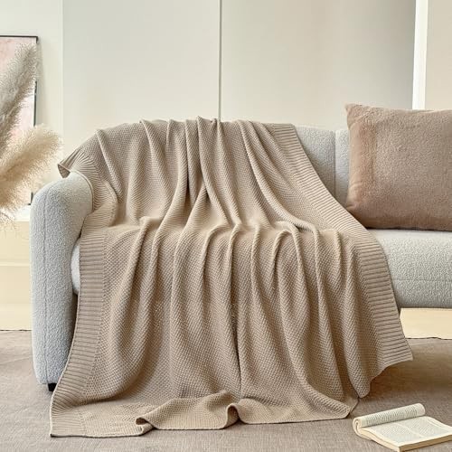 100% Cotton Throw Blanket, Solid Color Cable Knitted Throw 50×60″ Light Khaki