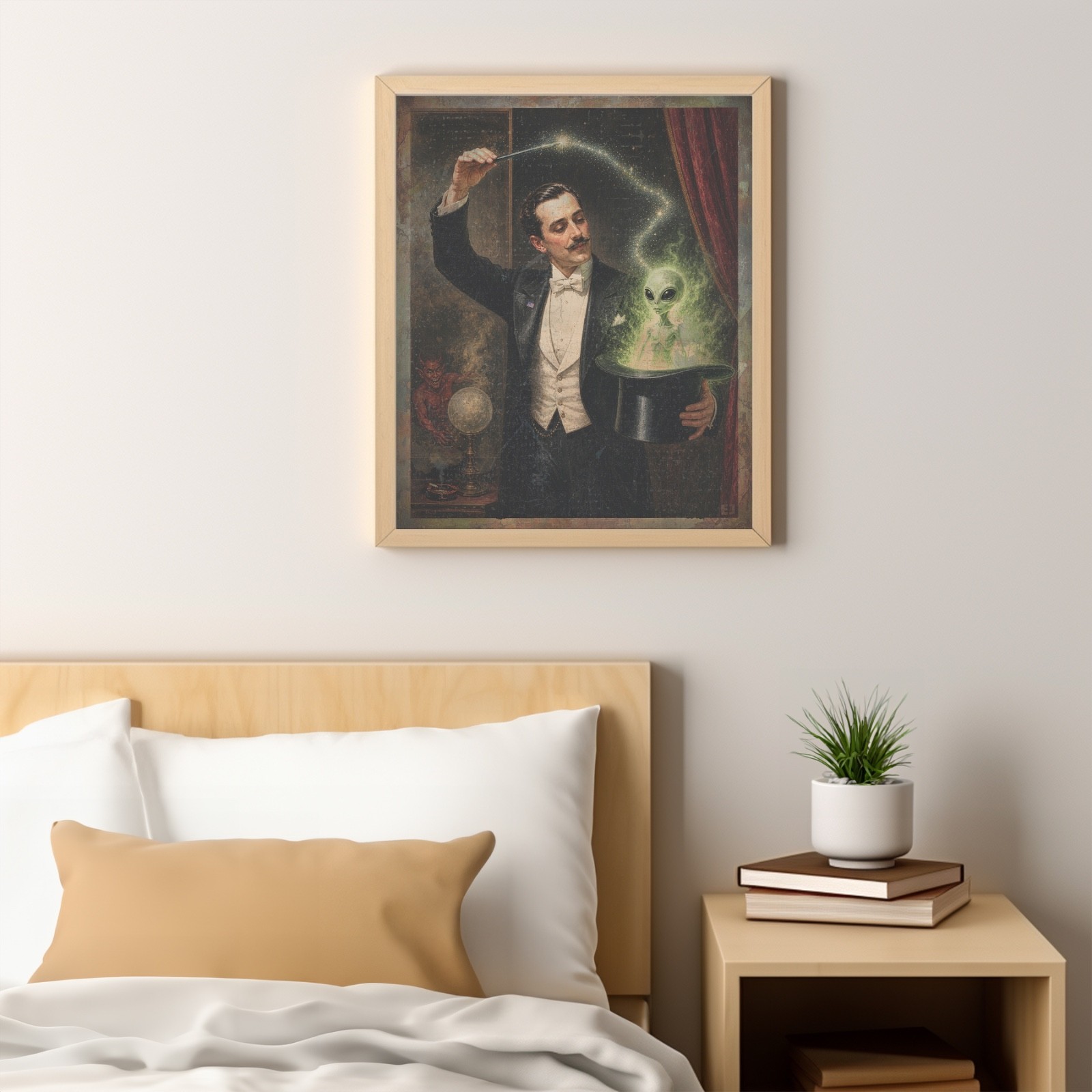 Vintage MAGICIAN ALIEN Wall Art, Magic Trick Satan Decor, Evil Cryptid Poster