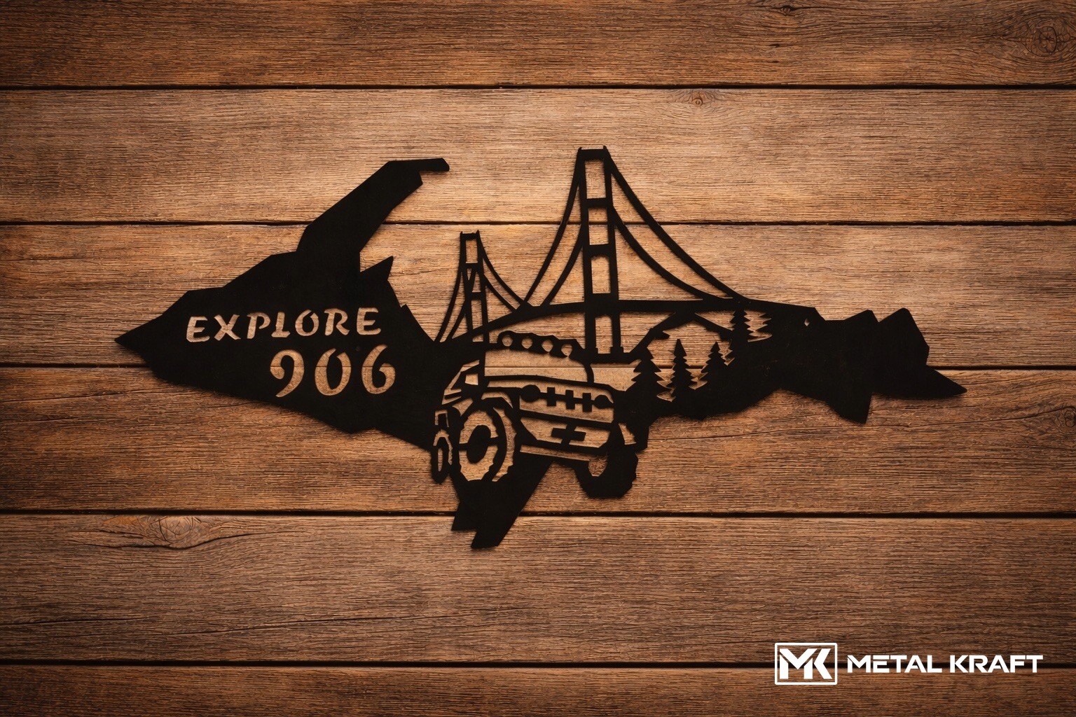 Upper Peninsula Mackinac Bridge Jeep 30” Black Metal Wall Decor Art Sign