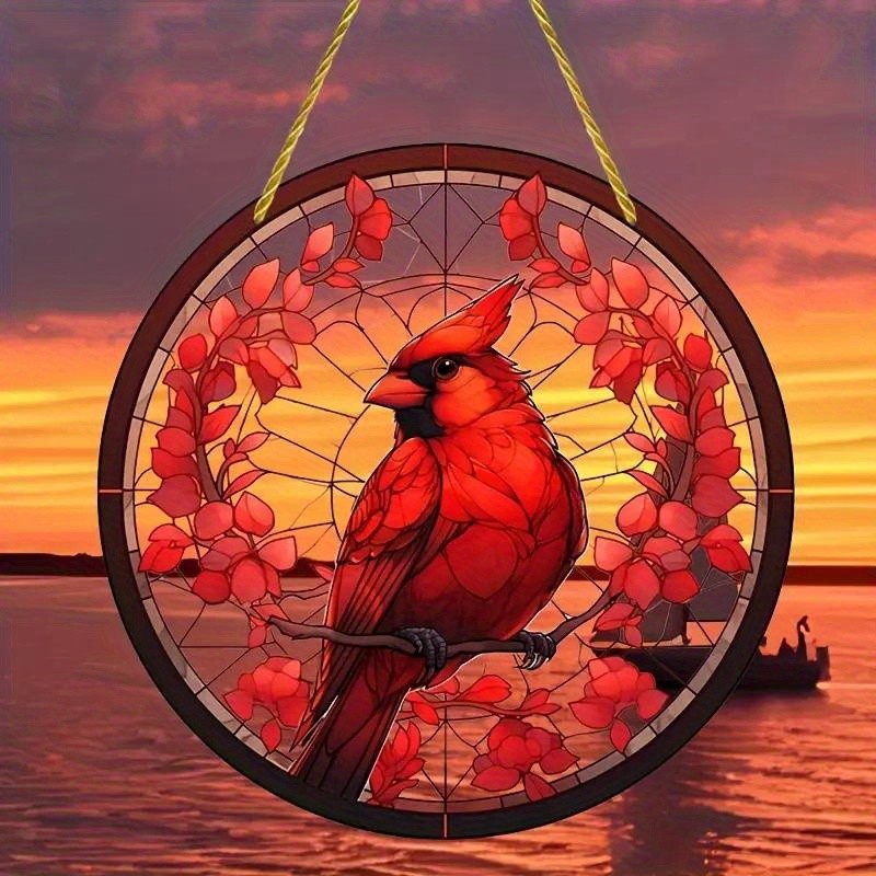 Red Cardinal Round Hanging Decor Bird Suncatcher Window Wall Art Home Decor