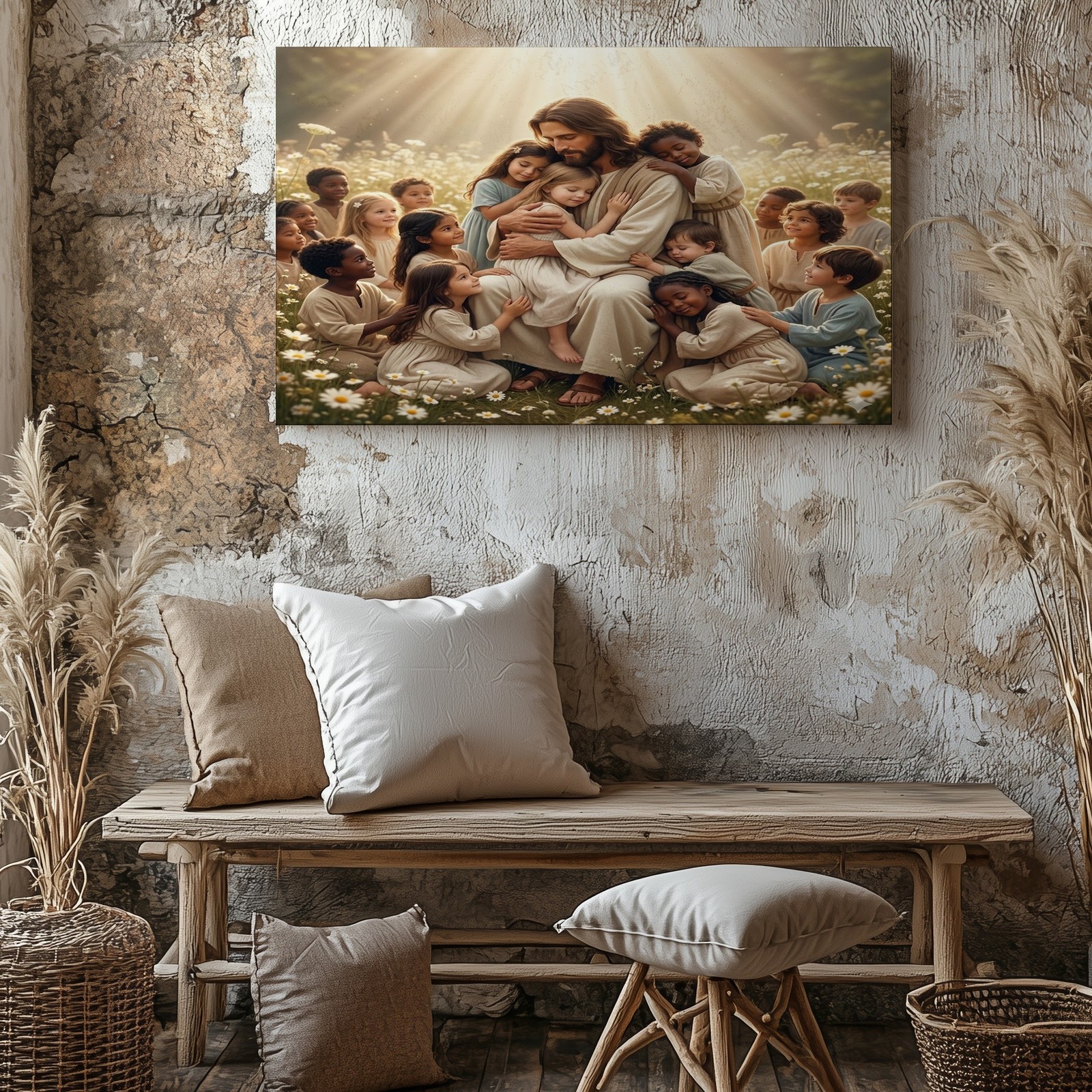 Jesus with Children Canvas Wall Art Christian Inspirational Religious Wall Decor