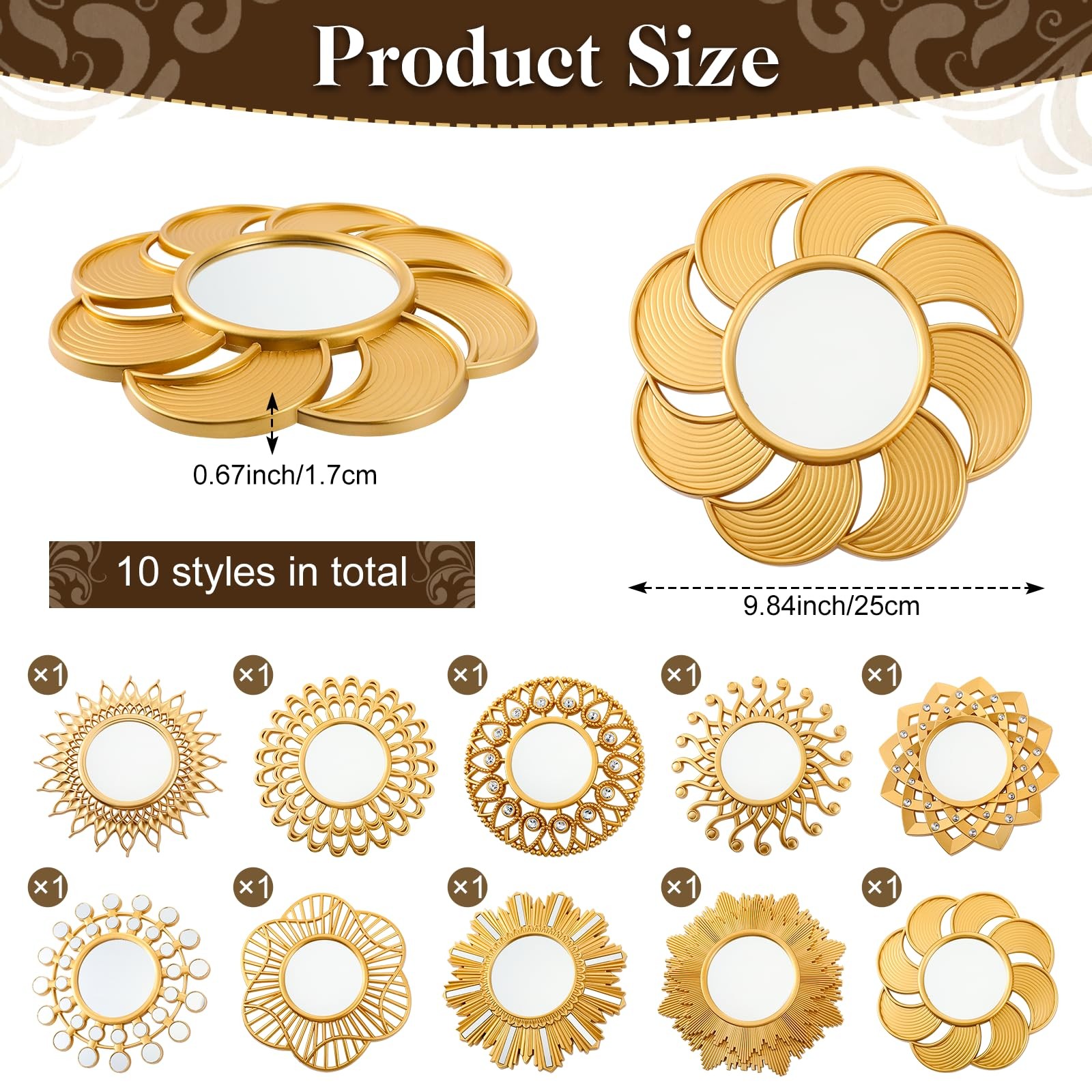 10 Pcs Boho Gold Sun Mirrors for Wall Decor 10 Inches Plastic Decorative Wall…