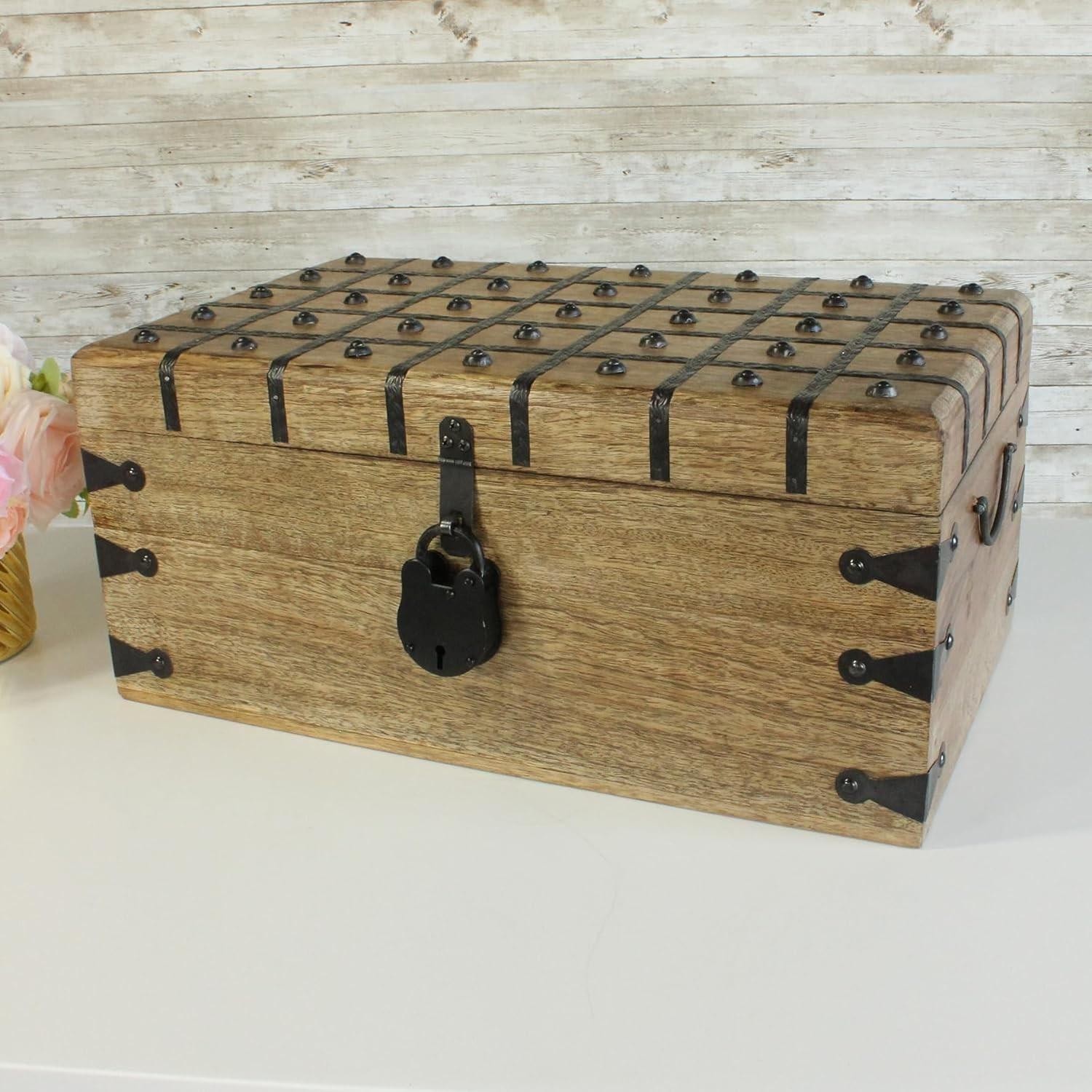 Nautical Cove Treasure Chest Wooden Box with Antique Iron Lock and Skeleton Key