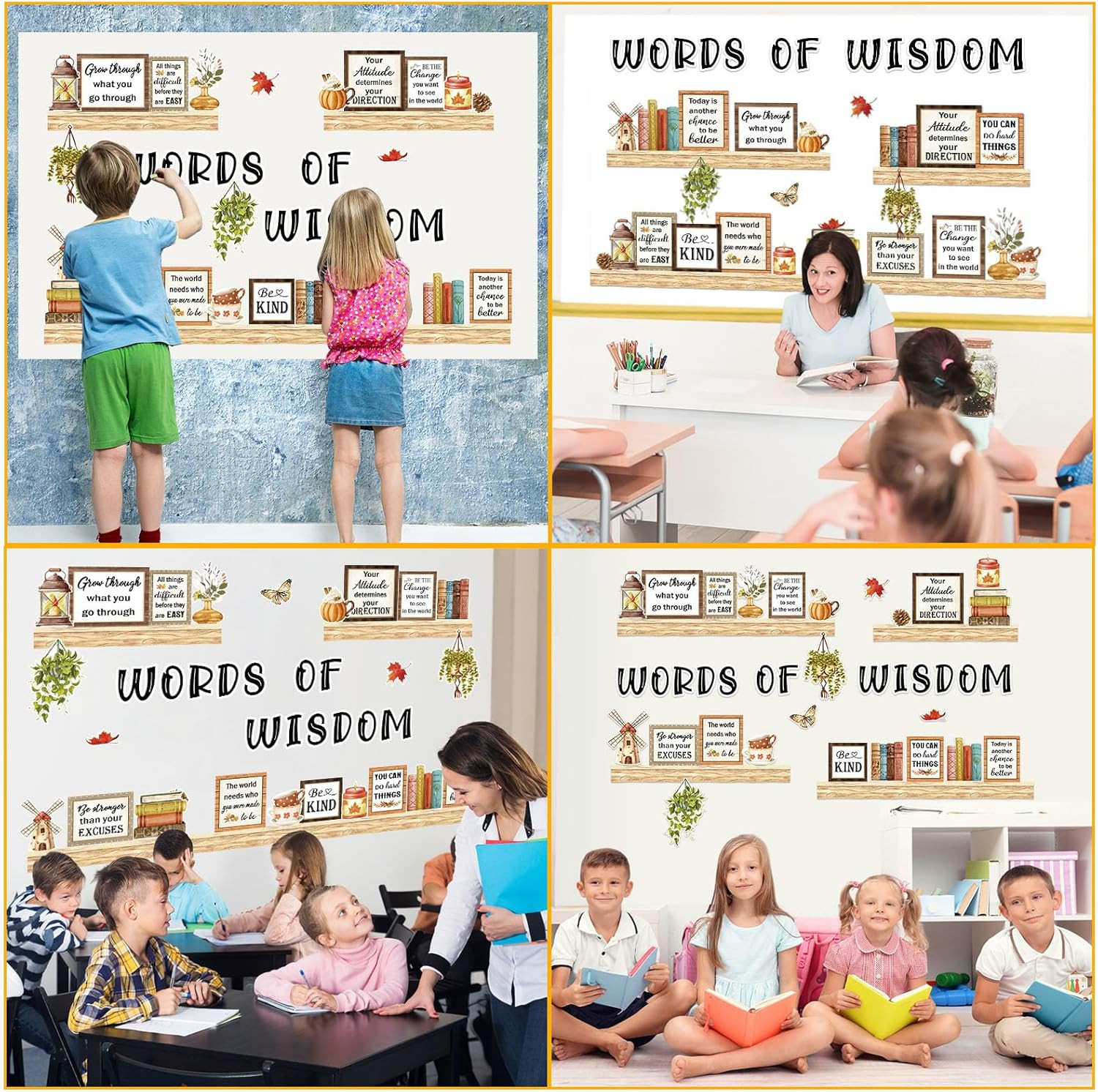Bookshelf Bulletin Board Set, Motivational Words of Wisdom Cutouts for Classroom