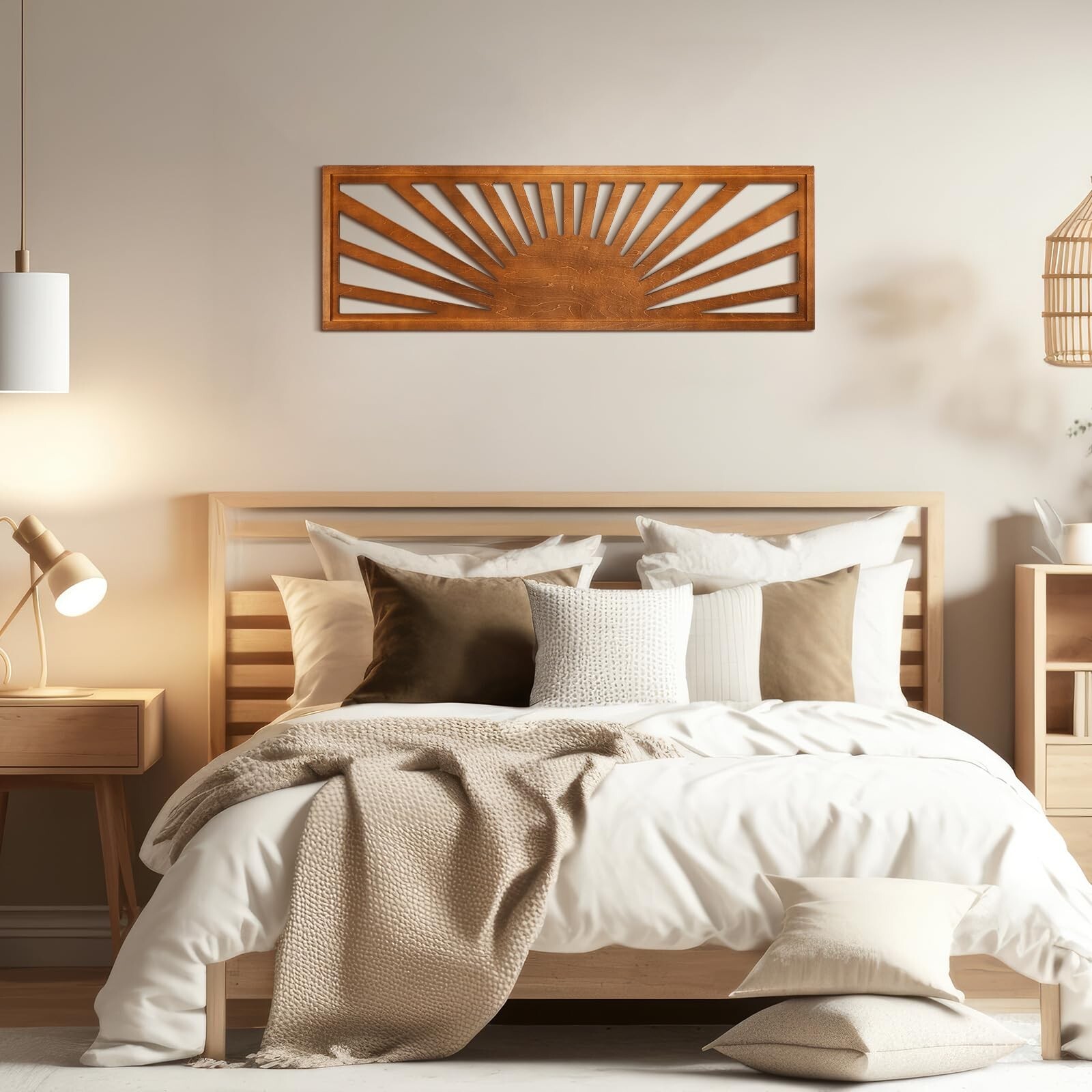 Burbell Wood Sunset Wall Art Long Horizontal Wall Art Decor Boho Sun Wall Art…