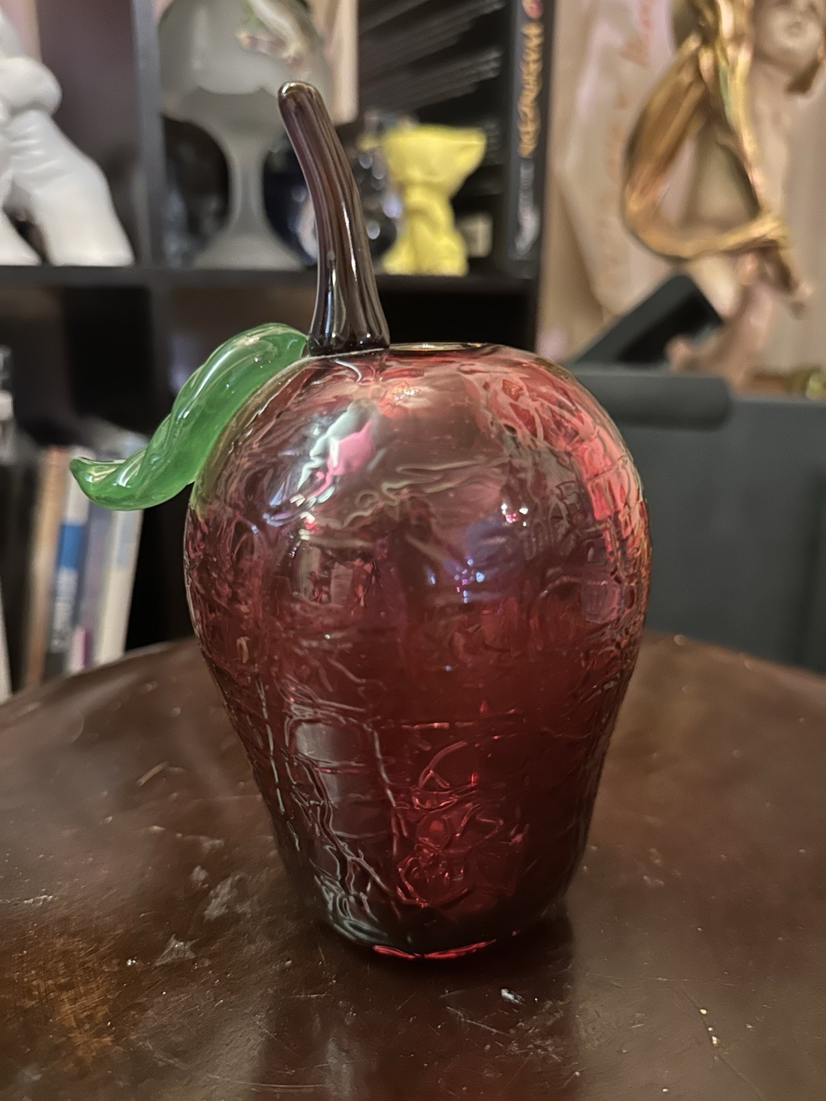 Red Glass Apple Figurine w/ Green Leaf Signed