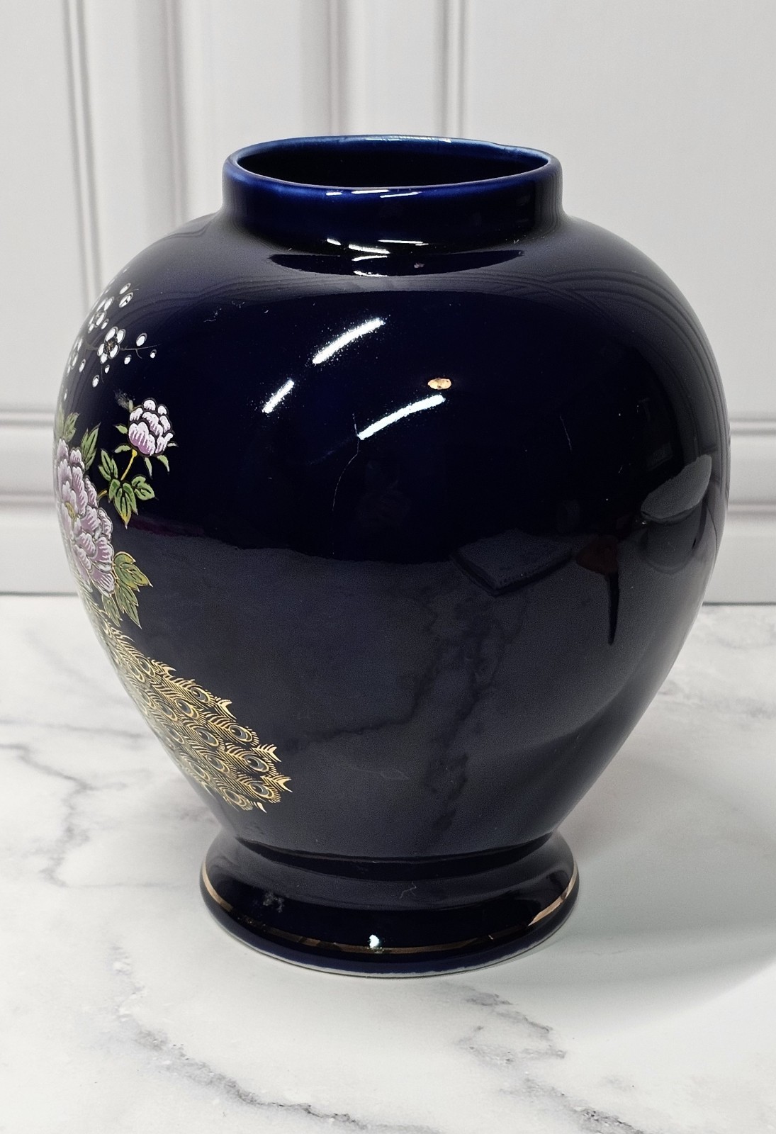Vintage Japanese Cobalt Blue Vase With Peacock & Floral Design 6 Inches High