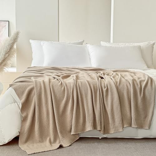 100% Cotton Throw Blanket, Solid Color Cable Knitted Throw 50×60″ Light Khaki