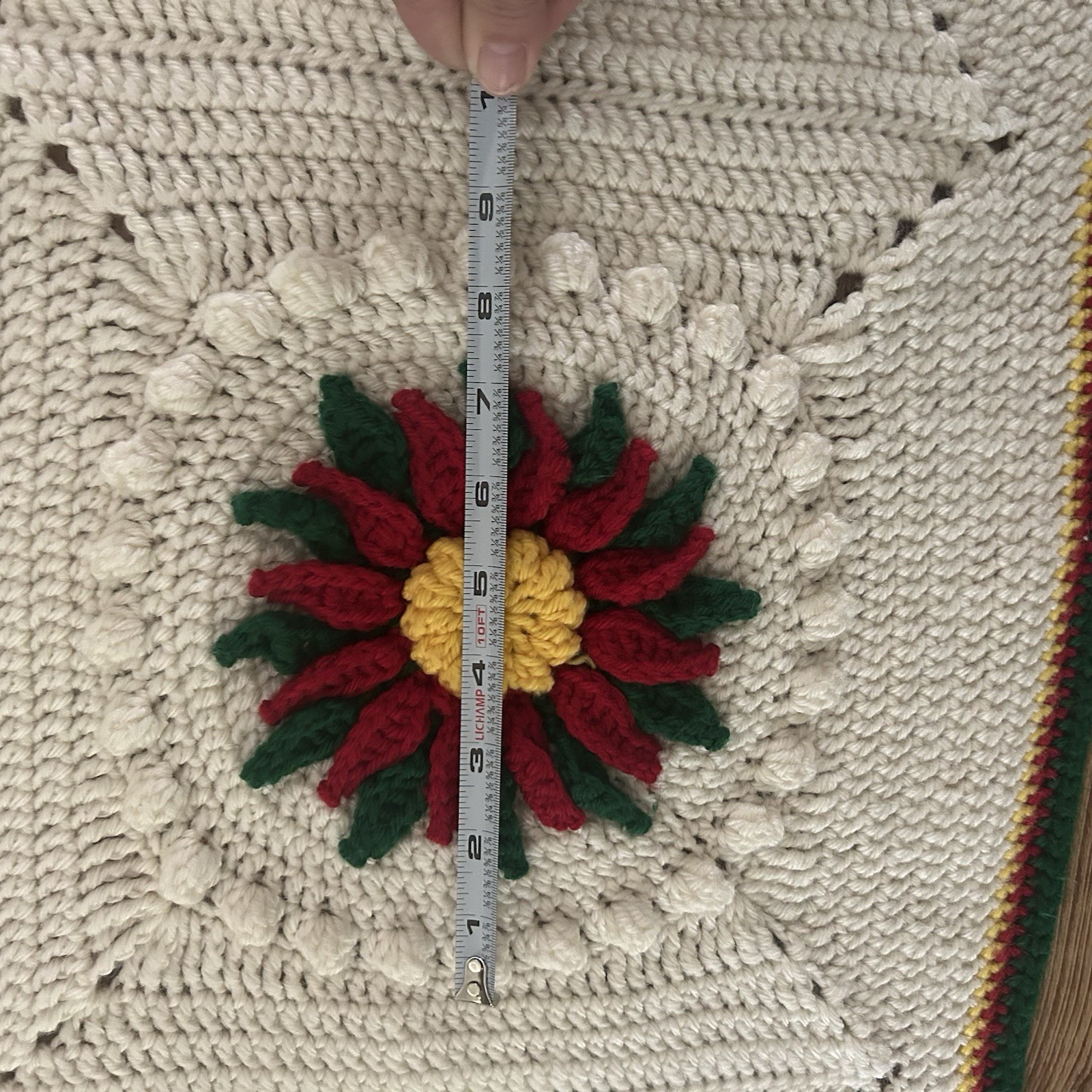 Vtg Christmas Crochet Afghan 3D Poinsettias White 38”x63” Red Green Bordered