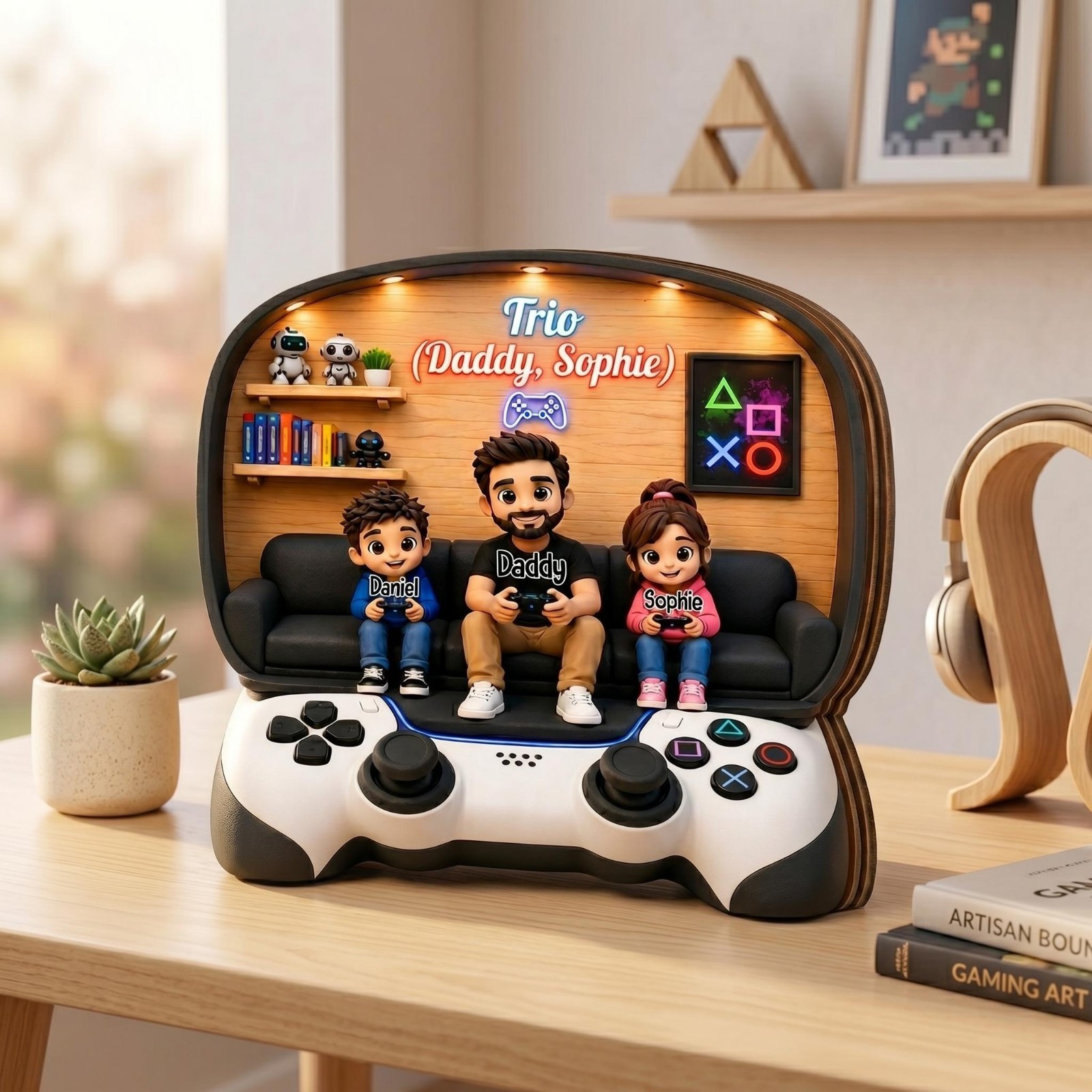 Personalized Dad And Kids Gaming Wooden Block Father’s Day Gift Gamer Decor