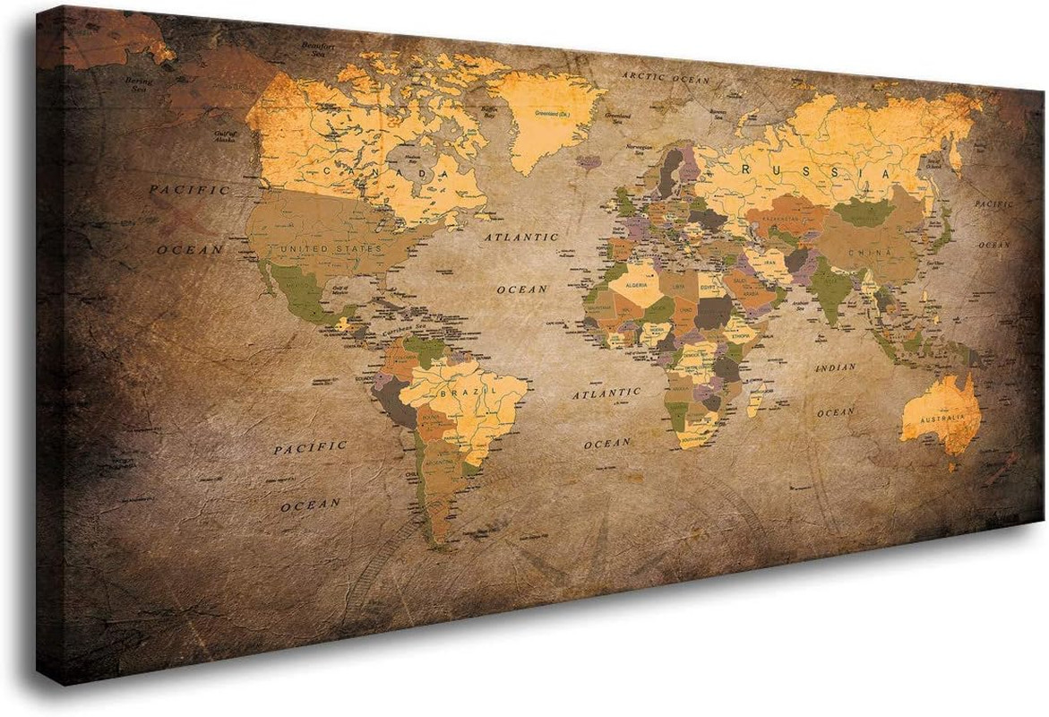 – 1 Piece Vintage World Map Canvas Wall Art- Ready to Hang – Home Office Decor P