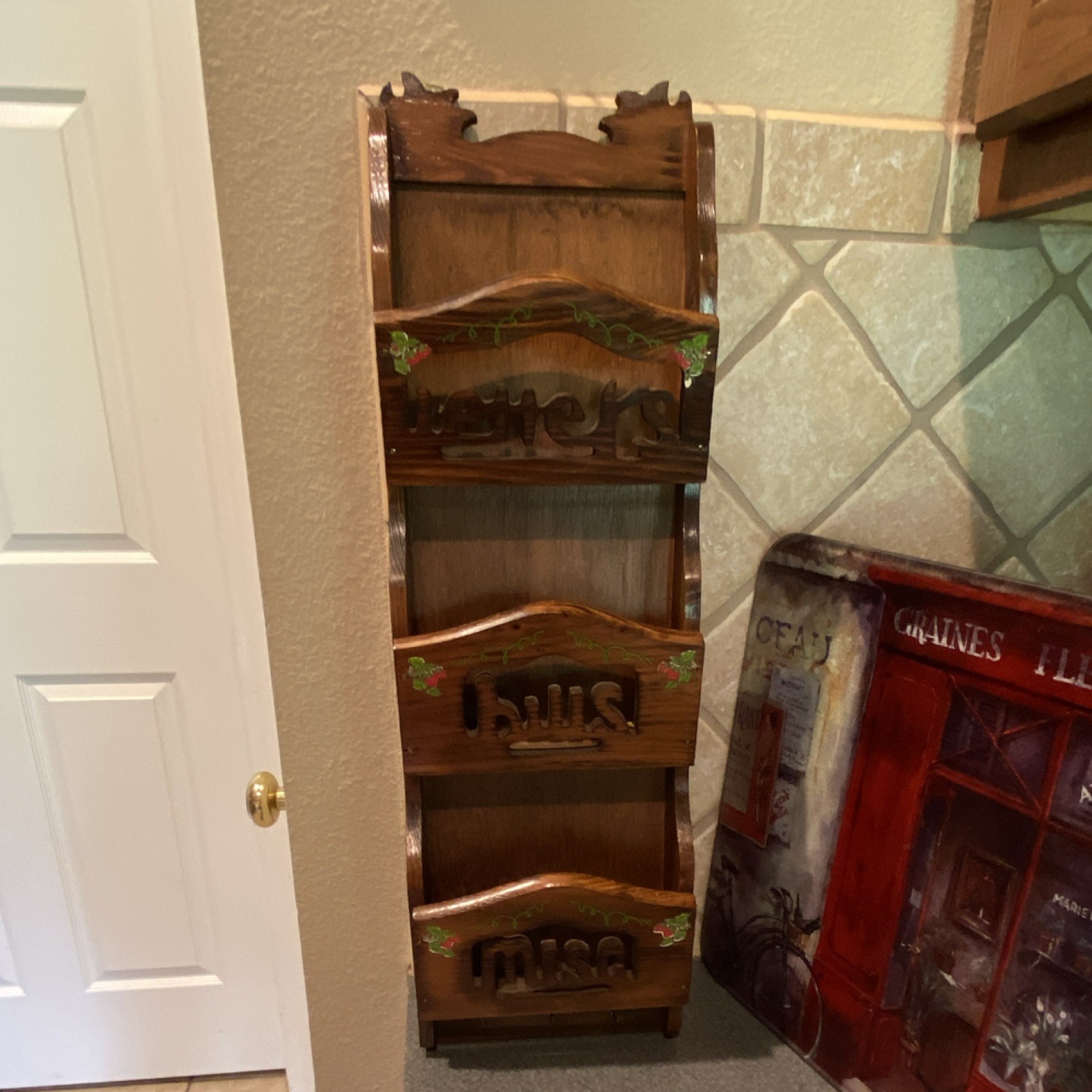 Wood & Metal Wall Mounted Mail Organizer, Brown Rectangle, 3 Compartments