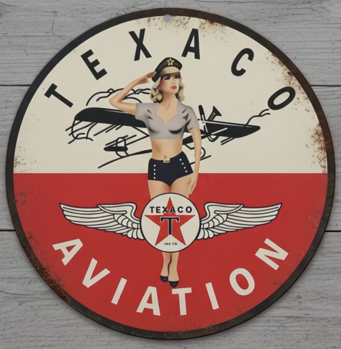 Texaco Aviation Gasoline 12″ Diameter Vintage Novelty Metal Sign Made In USA