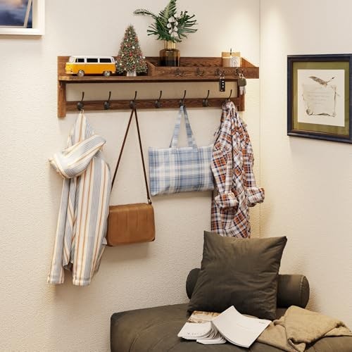 Coat Rack Wall Mount, 35 inch Large Wall Hooks with Shelf, 35″ L Brown