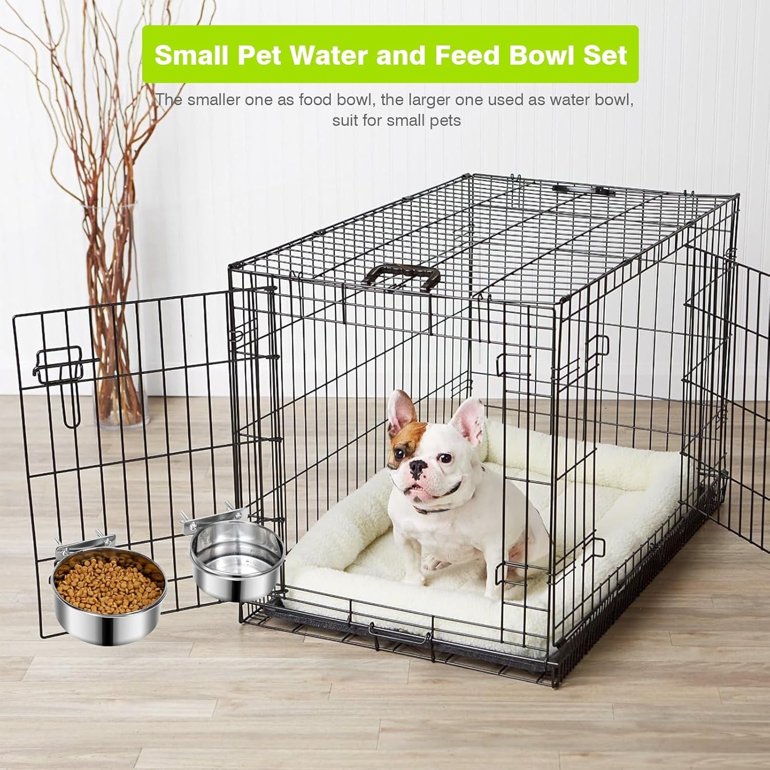 2 Pcs Small Pet Dog Food Water Bowl for Cage Stainless Steel Non-Spill Kennel Ha