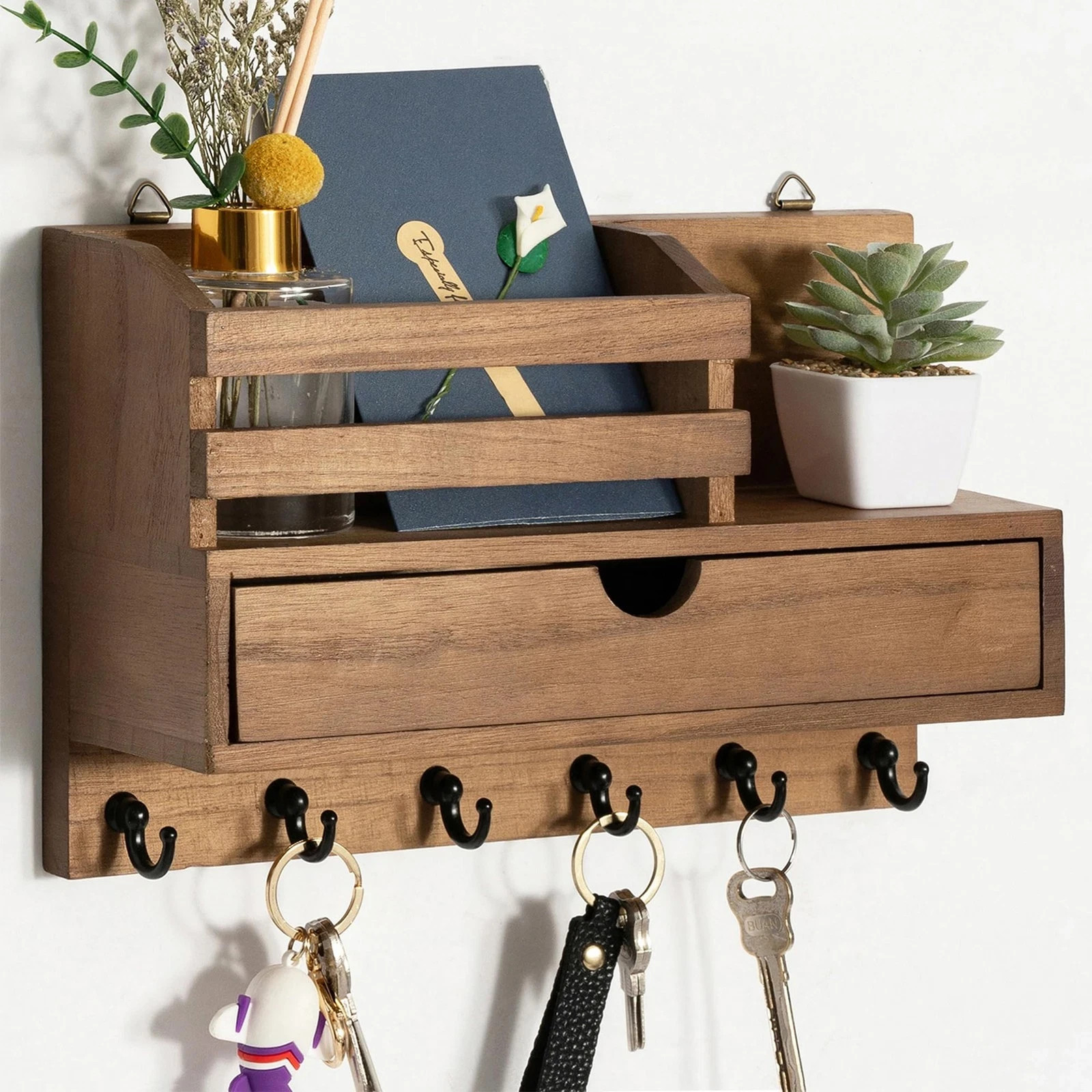 Key and Mail Holder for Wall, Mail Organizer Wall Mount with 6 Hooks and Storage