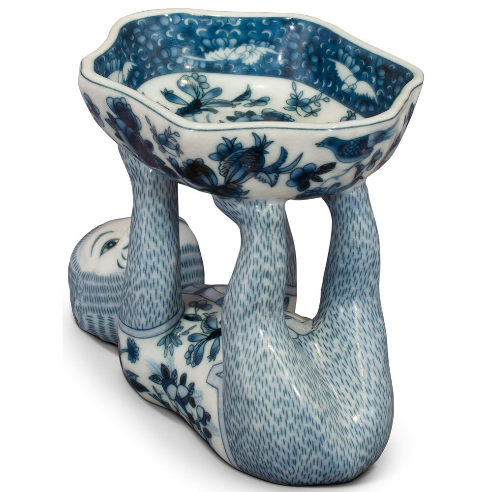 US Seller – Blue and White Chinese Porcelain Monkey Holding Lotus Dish