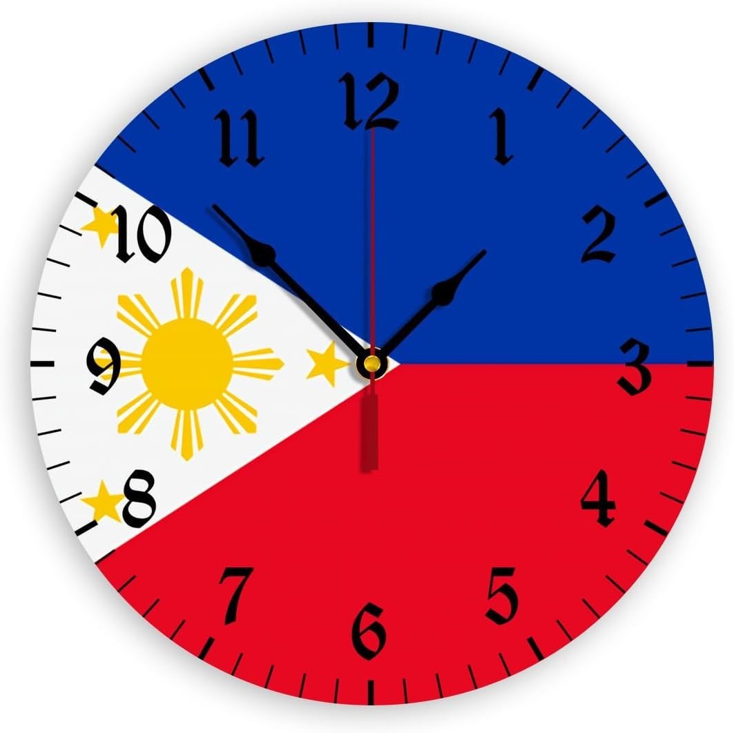 New Philippines Flag Wall Clock 12″, Silent Non Ticking Decor for Office Kitchen