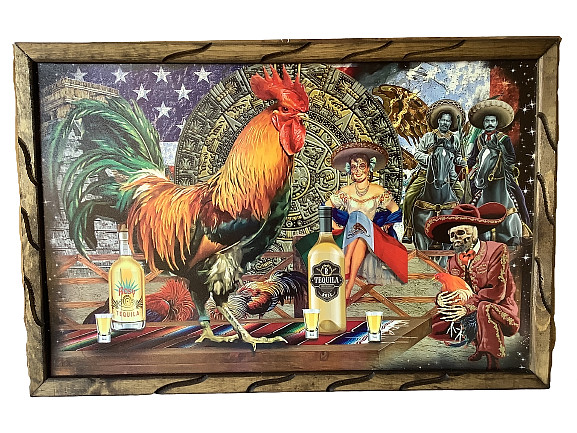 Rooster Image in Wooden Rustic Frame 36″x24″ Gallo & Tequila Cuadro Rustico