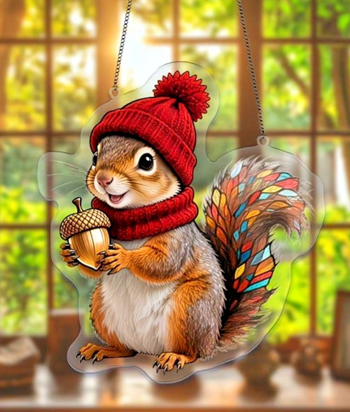 2D Flat Acrylic WINTER SQUIRRELL Window Hanging Sun catcher 7.8″