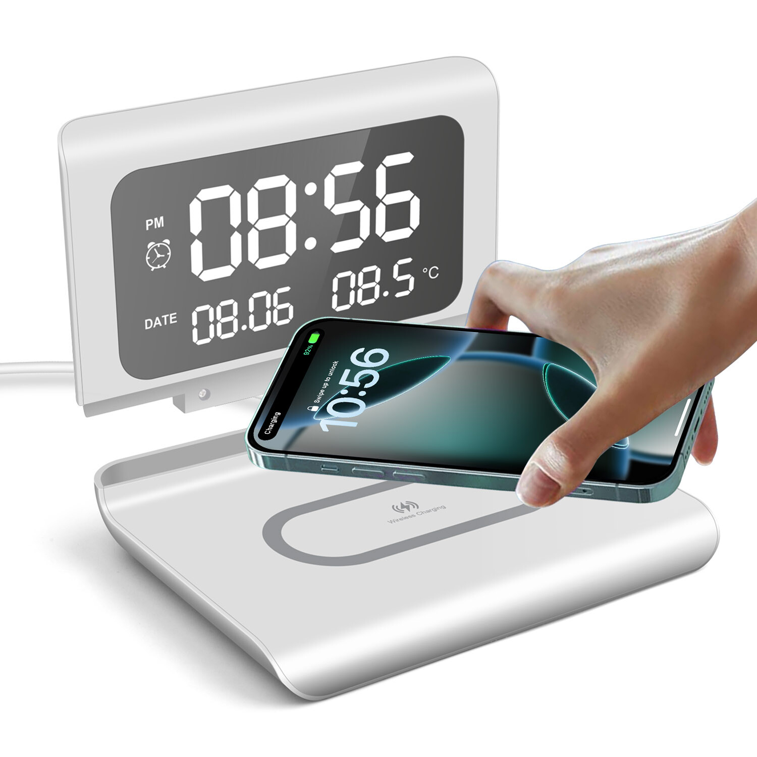 Digital Alarm Clock With Thermometer 15W Wireless Charger For iPhone Samsung