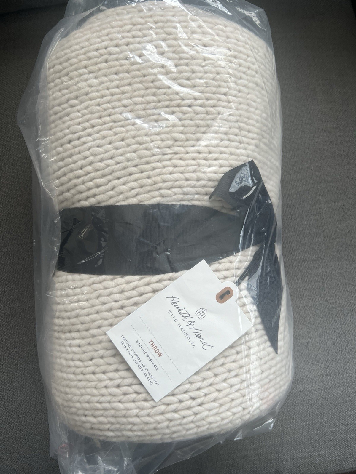 Chunky Knit Bordered Throw Blanket Cream Hearth & Hand with Magnolia New