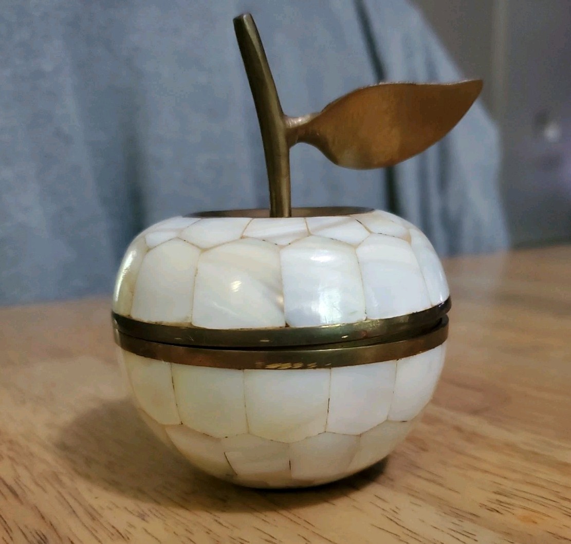 Vintage Apple Trinket Box Mother of Pearl Brass Inlay Gold White Trinket Decor