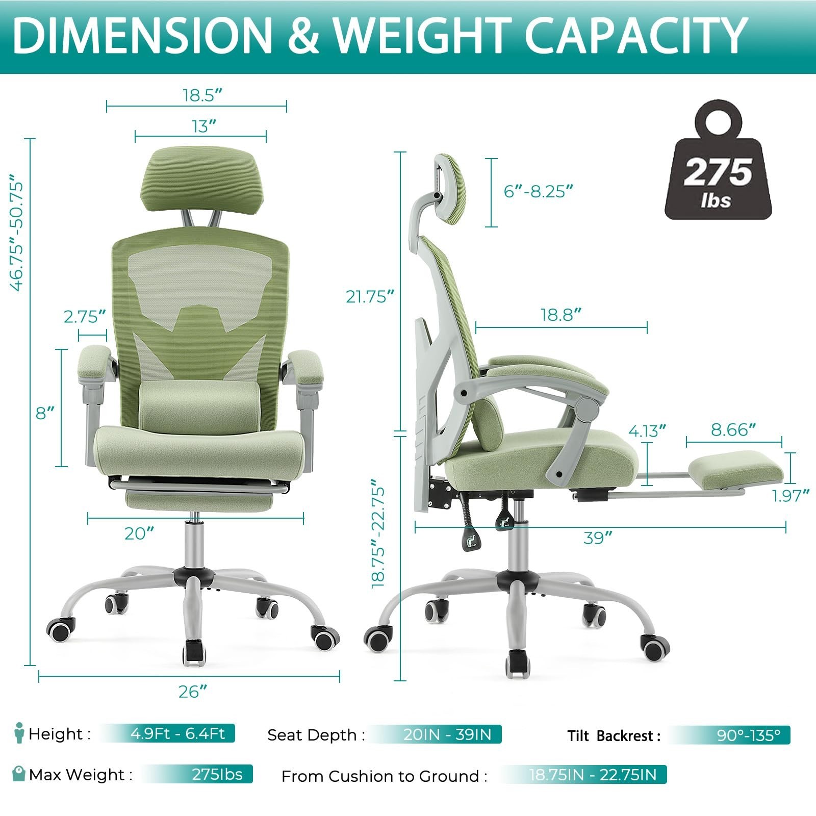 DUMOS Office Desk Chair with Footrest Ergonomic Gaming Chair for Adults Compu…