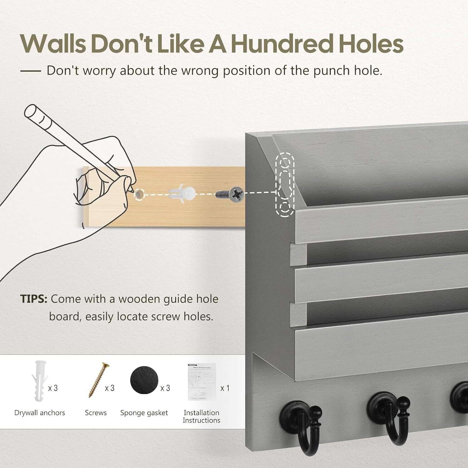Key and Mail Holder for Wall Mail Organizer Wall Mount with 6 Hooks and Storage