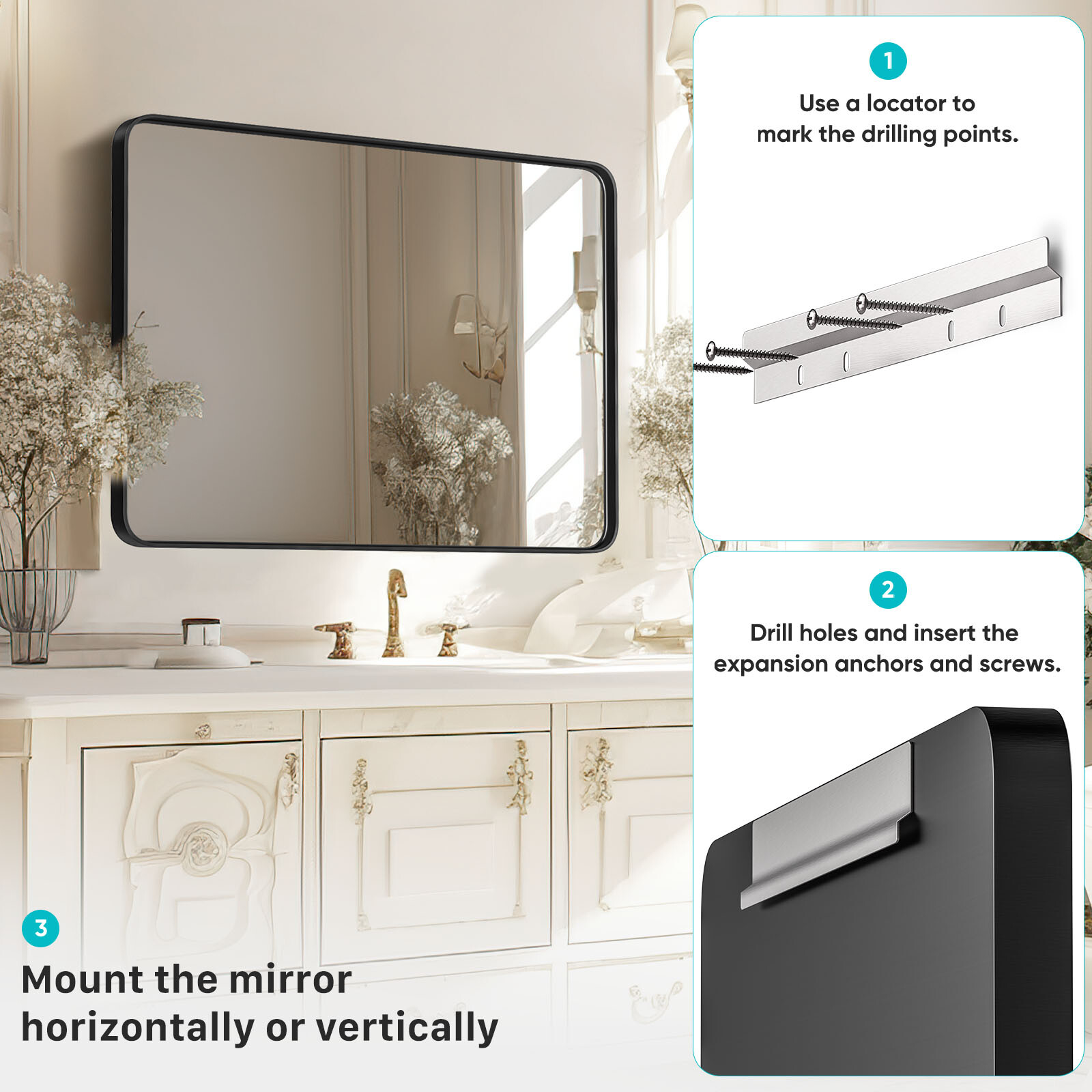 Black Metal Framed Vanity Mirror for Bathroom in 3 Sizes – Anti-Rust Finish