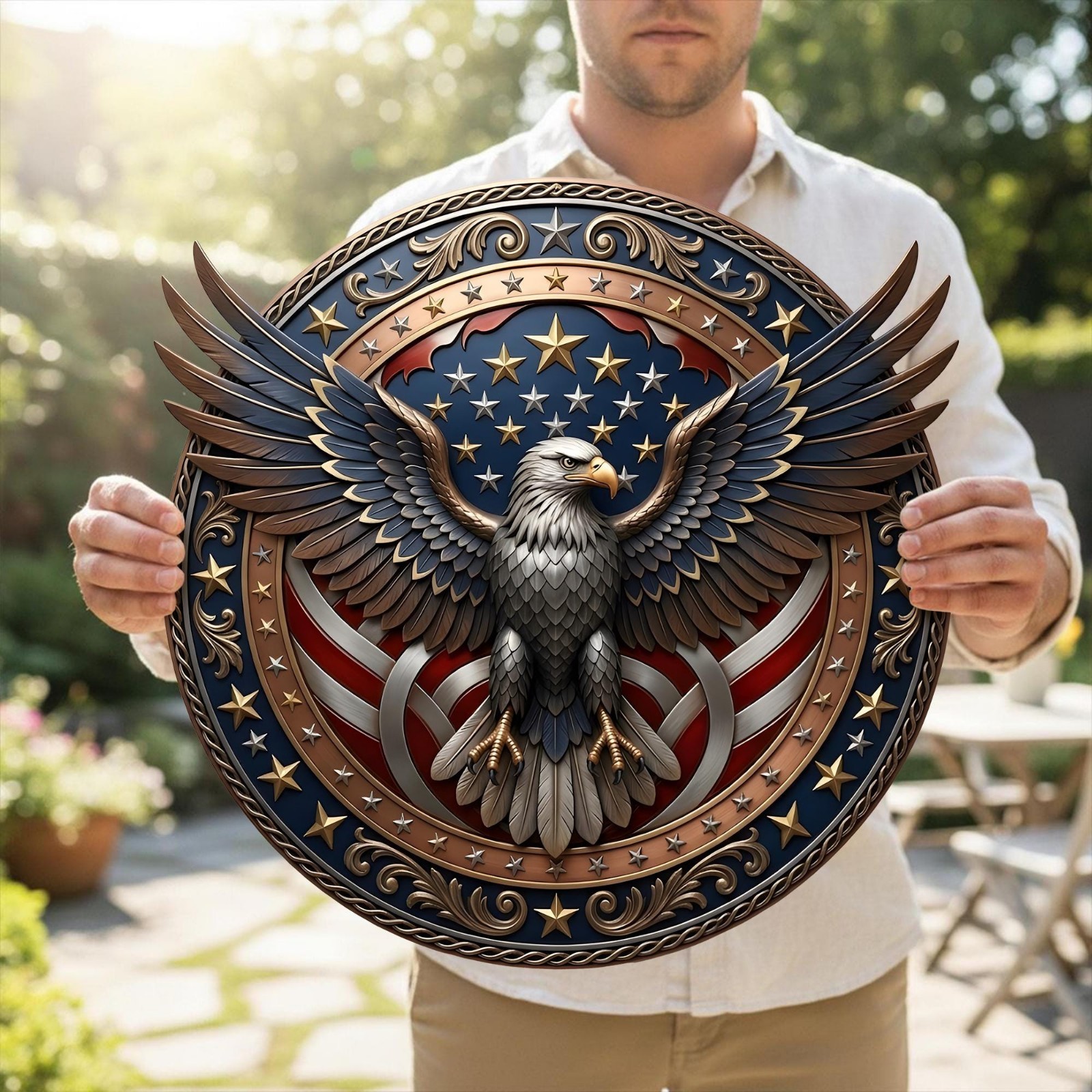 Patriotic Eagle Wreath Metal Sign, USA Flag Door Decor, Veteran Gift