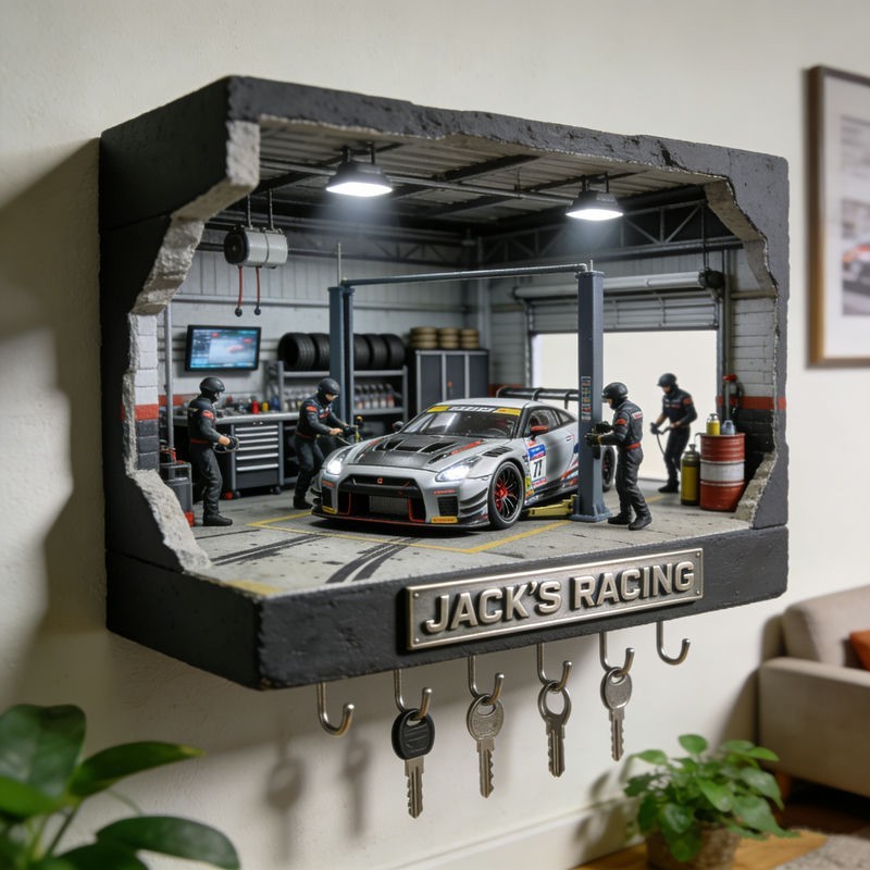 Custom Name Racing Garage Wall Hook Rack Car Key Holder Decor 2D Flat
