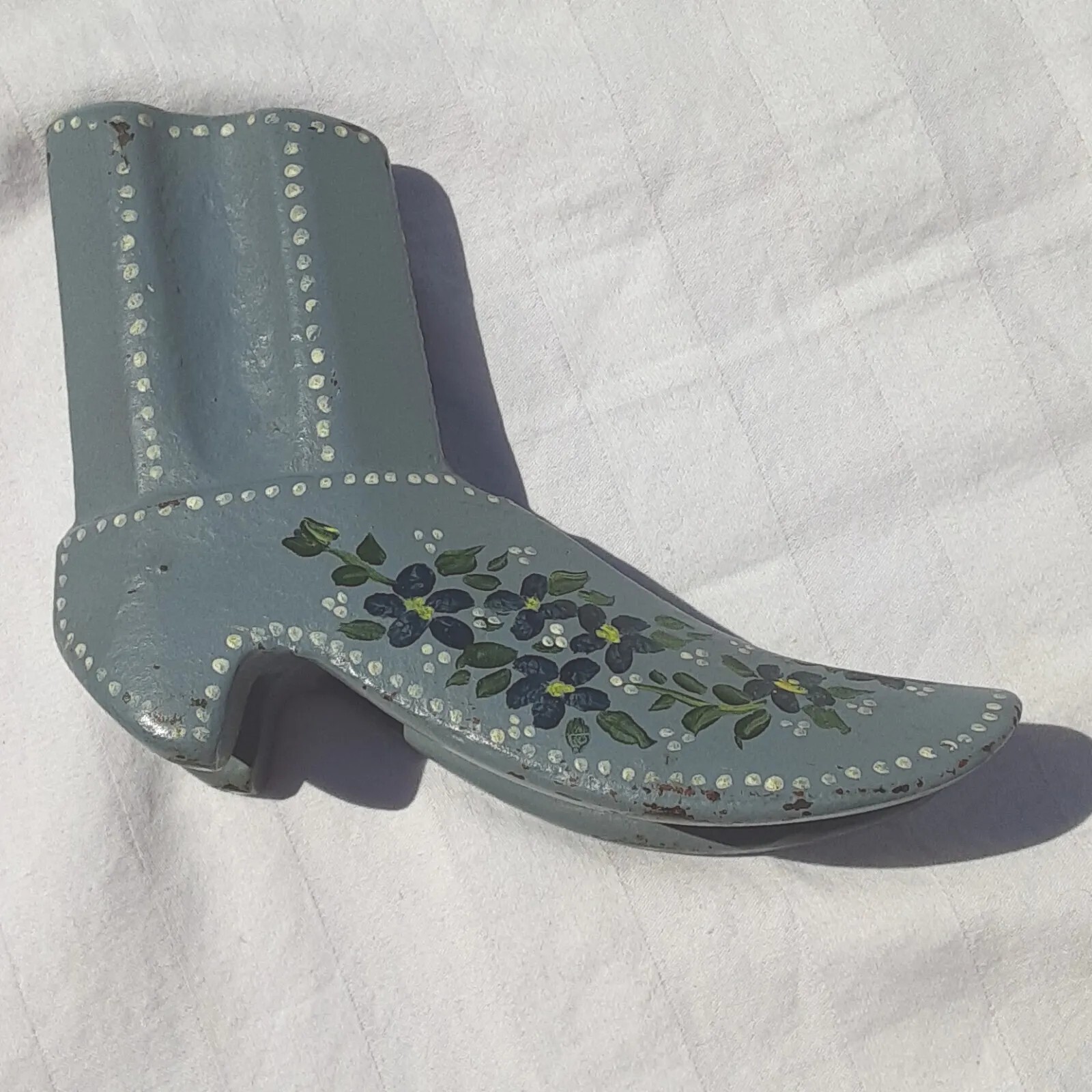 Vintage Doorstop Holder Cast Iron Boot Hand Painted Gray Blue Flowers