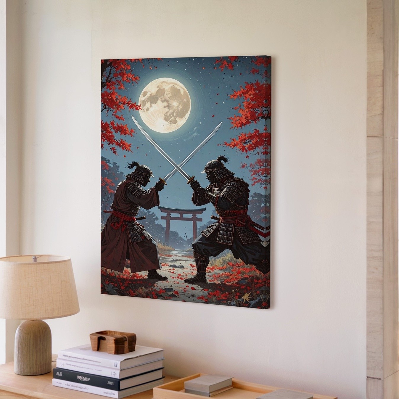 Wall Art Canvas Two Samurai Warriors Face Each Other Under a Glowing Full Moon