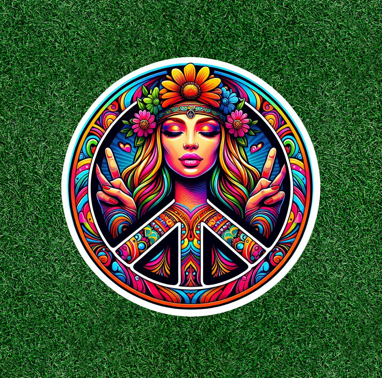 Hippie Girl peace symbol 100% waterproof vinyl sticker decal – many sizes