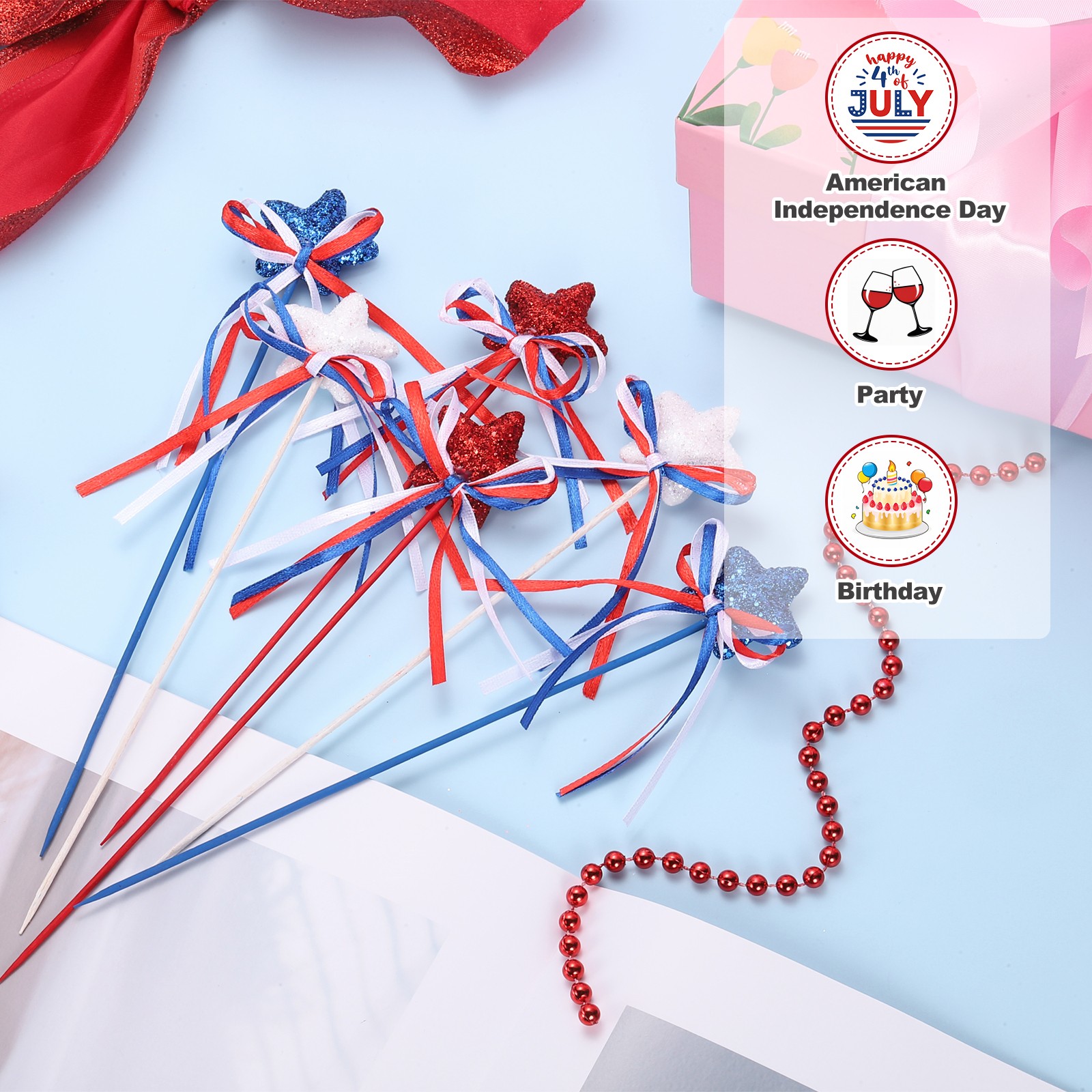 12 Pcs 4th of July Glitter Star Picks 8″ Sparkly Sticks with Bowknot (White)