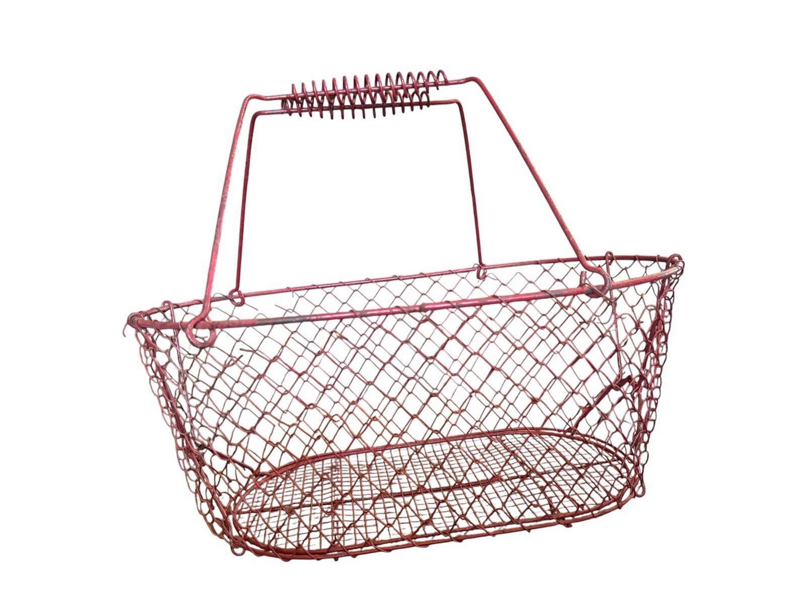 Red Round Metal Wire Basket w/ Handle, Large 18in Dia x 8in H, 15 Qt Vintage