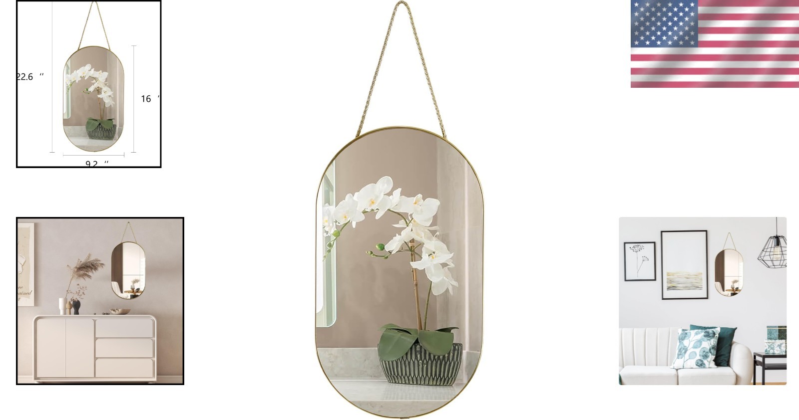 Lightweight 16×9.2 inch Gold Oval Mirror – Polished Finish & Easy Installation